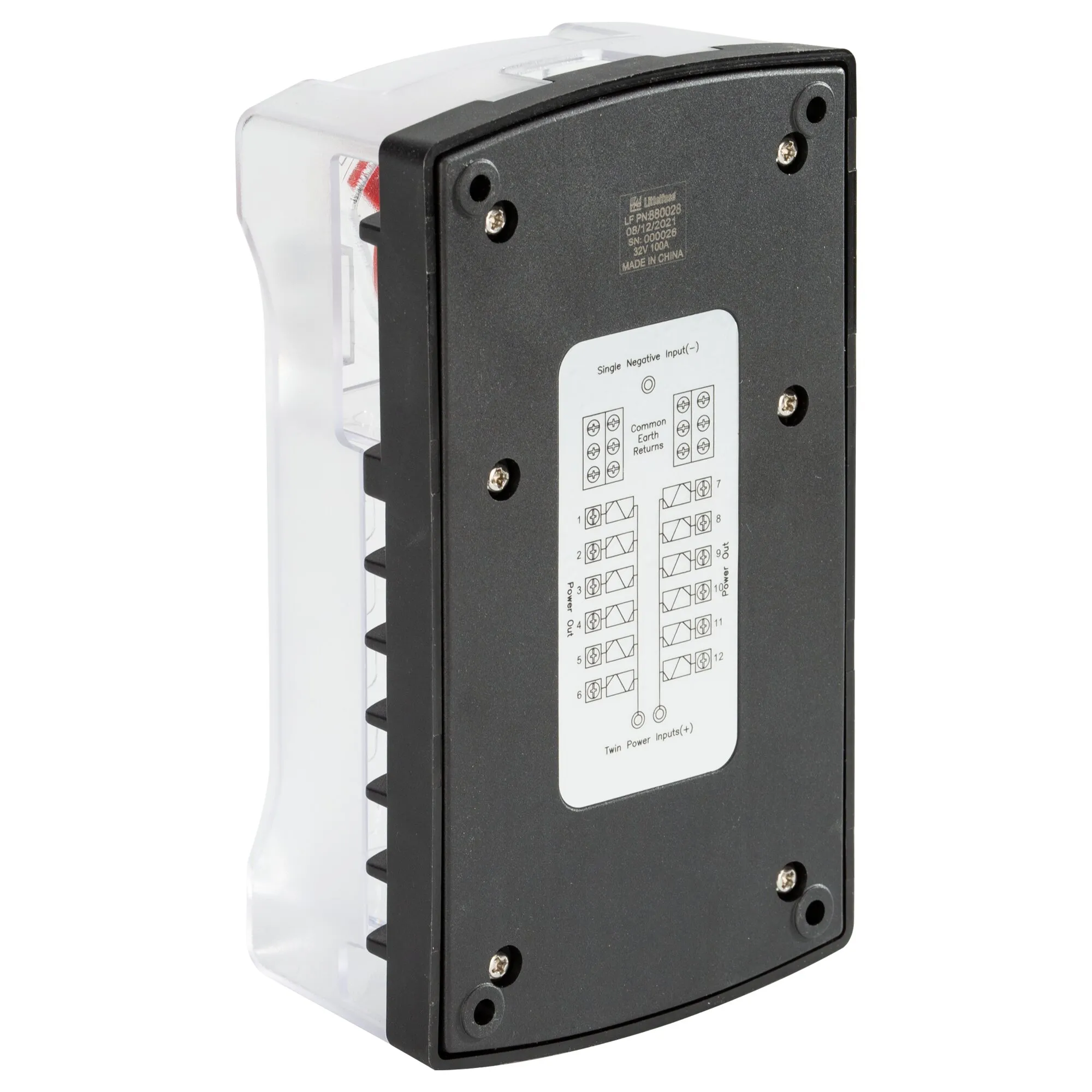 Sicherungsblock ST ATO® Series mit Erdungsschiene, schwarzes Gehäuse mit transparenter Abdeckung und Anschlüssen für 12 Sicherungen