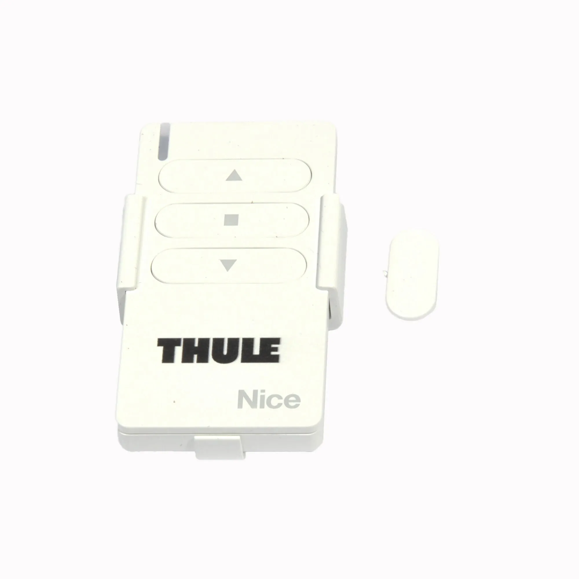 Weiße Thule Nice-Fernbedienung für Motor TO 8000/9200 mit Auf-, Stopp- und Ab-Tasten sowie separater Abdeckung