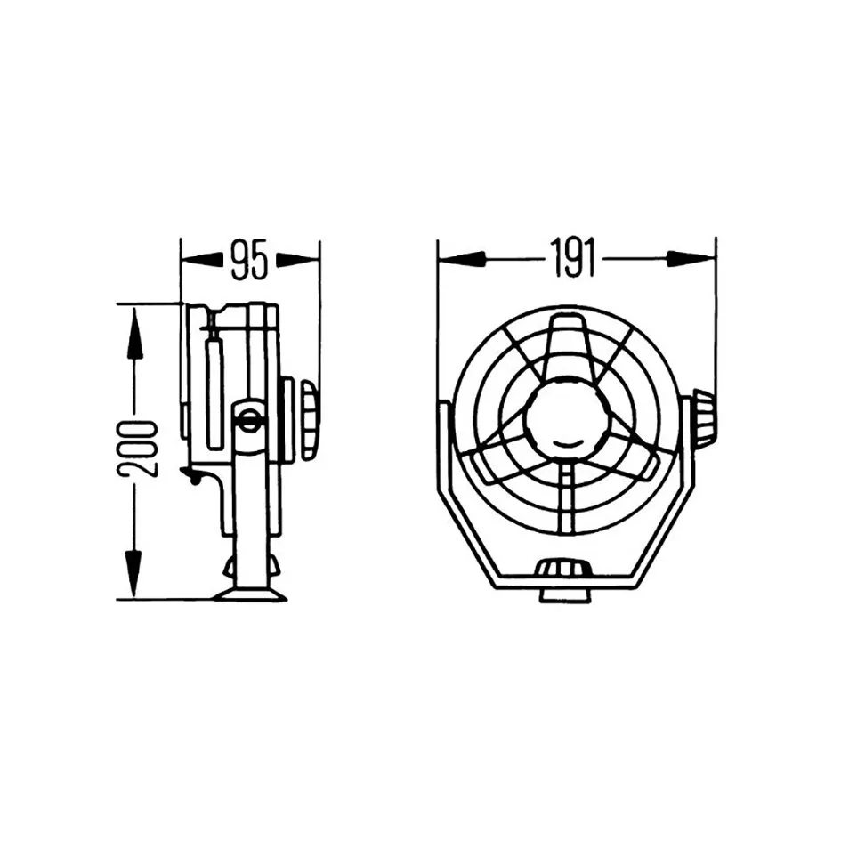 Technische Zeichnung eines schwarzen Turbo-Ventilators mit Schutzgitter, Seiten- und Vorderansicht, 12 V, Maße 200 × 191 × 95 mm