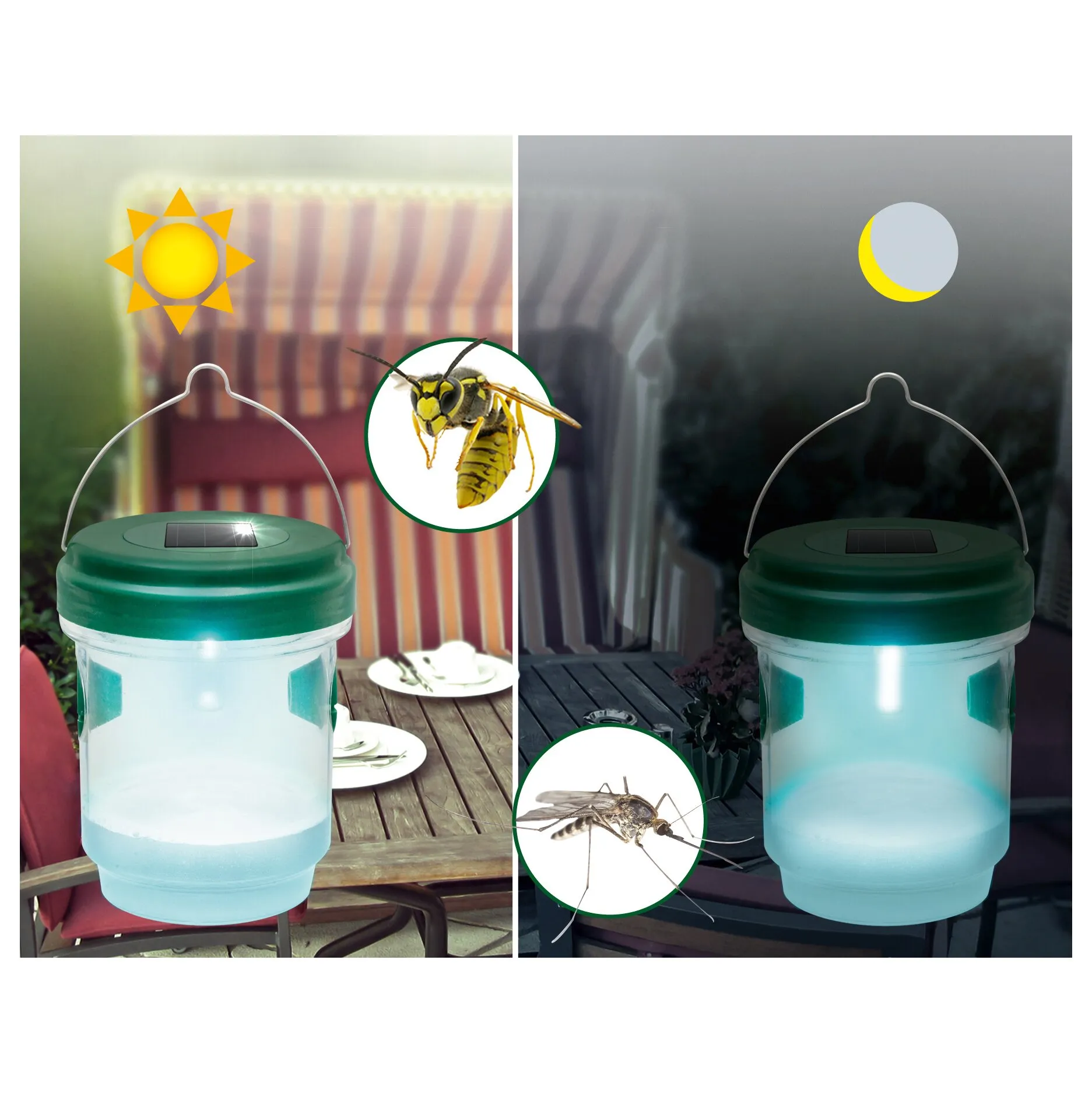 Gardigo Solar-Insektenfalle mit grünem Gehäuse und Solarpanel im Garten bei Tag und Nacht, mit Wespe und Mücke dargestellt