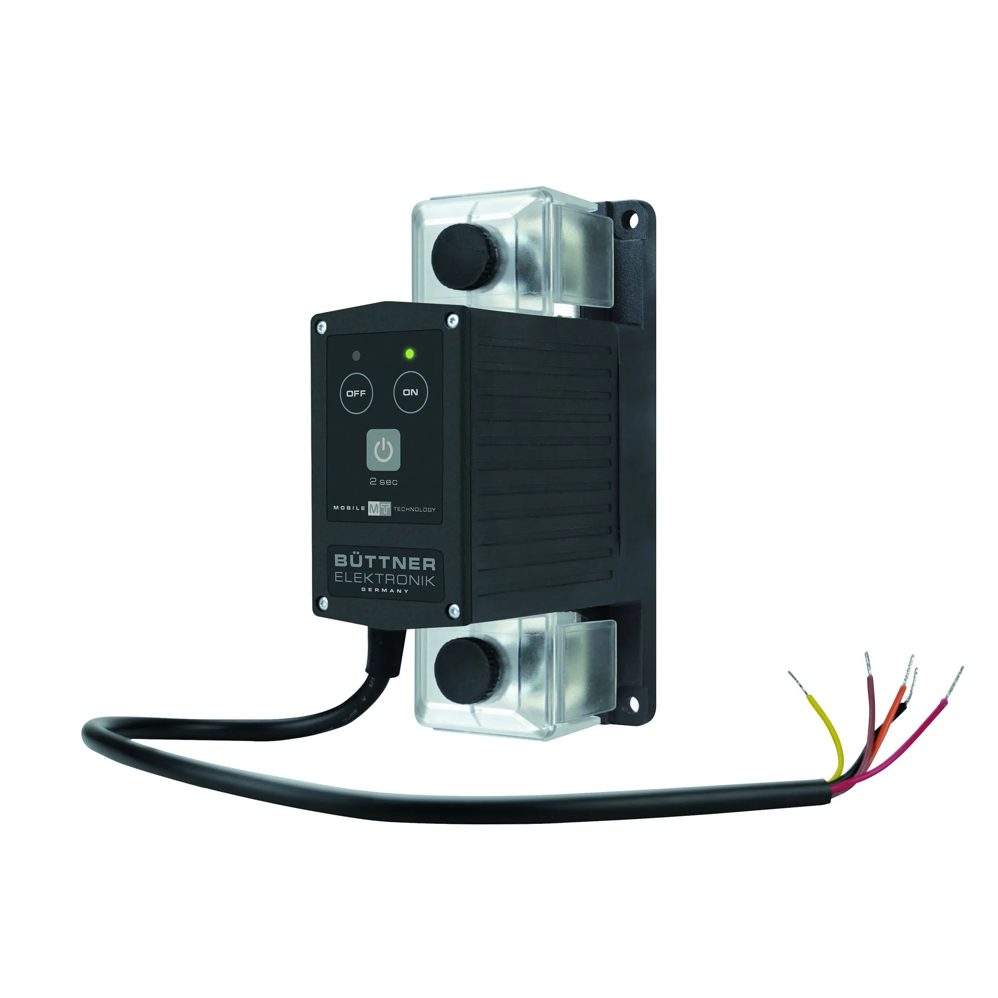Hochlastrelais MT HS 500 von Büttner Elektronik mit schwarzem Gehäuse, Schaltern, transparenter Abdeckung und Anschlusskabeln