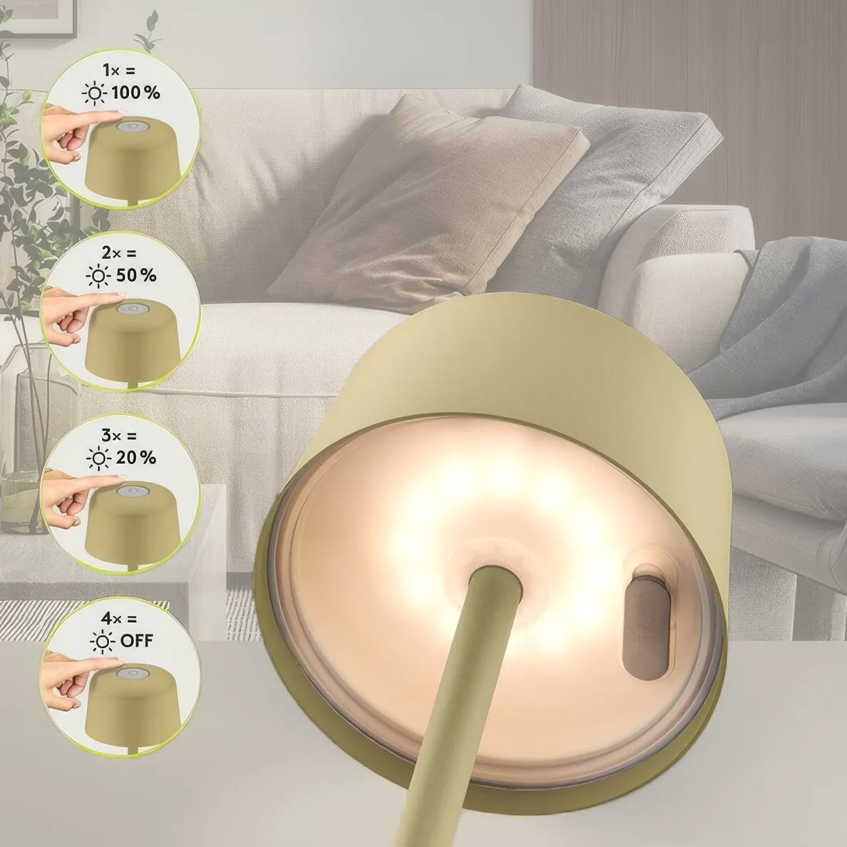 Beige LED-Tischleuchte mit rundem Schirm und Touchschalter, leuchtend vor einem Sofa; Bedienfolge zeigt 100, 50, 20 Prozent und Aus