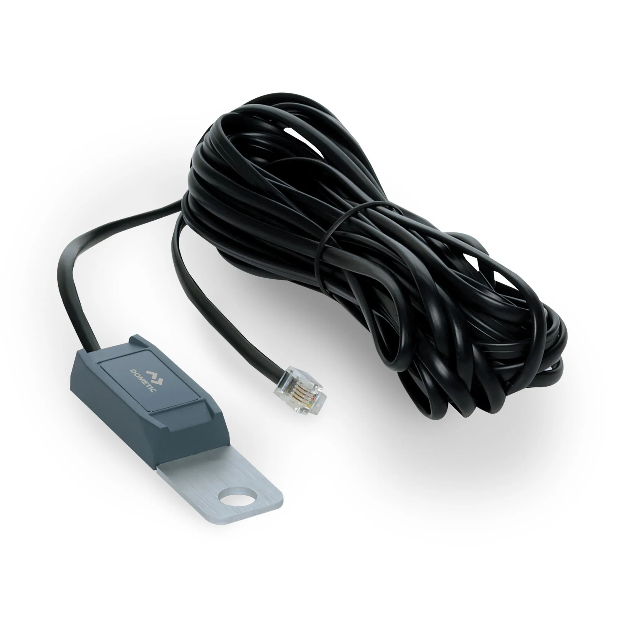 Temperatursensor MCA-TS1 von Dometic mit schwarzem Anschlusskabel, RJ-Stecker und metallischer Befestigungsfläche