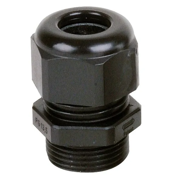 Schwarze Kabelverschraubung aus Kunststoff mit Gewinde, Sechskantmutter und runder Öffnung für Kabel mit 6–12 mm Durchmesser