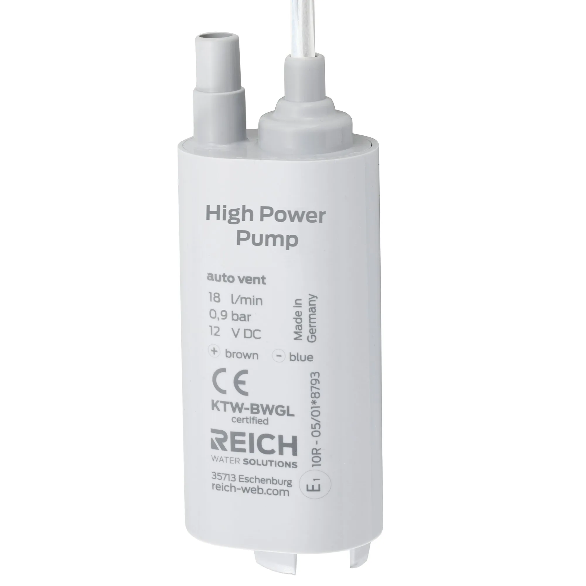 Weiße zylindrische Reich-Tauchpumpe mit zwei Anschlüssen, 12 Volt Gleichstrom, 18 l/min und 0,9 bar