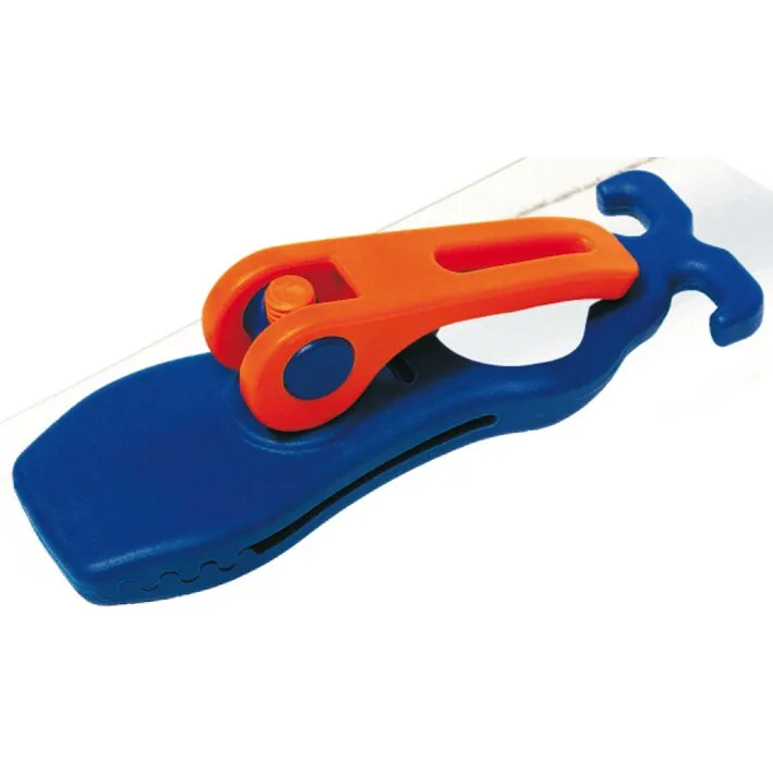 Blaue Schnellspannklemme PP Crocodile mit orangefarbenem Spannhebel und gezahnten Klemmbacken in Seitenansicht