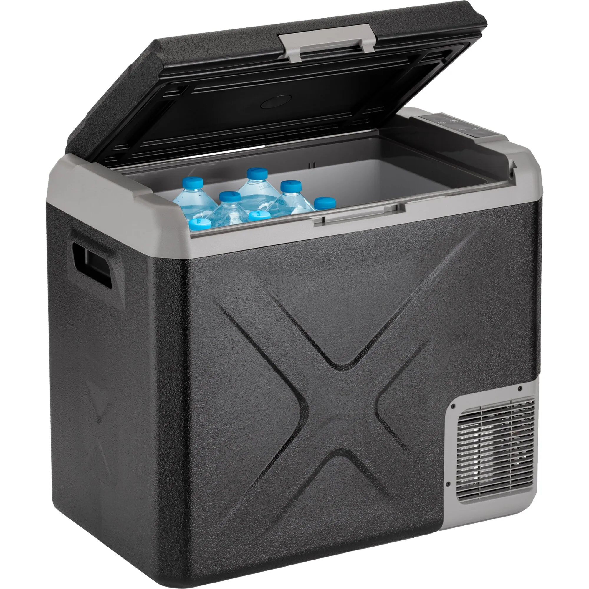 Schwarze Kühlbox Polarys Freeze SZ mit geöffnetem Deckel, Wasserflaschen im 40-Liter-Innenraum und seitlichem Lüftungsgitter