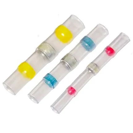Drei transparente Lötverbinder mit gelben, blauen und roten Markierungen für Kabelquerschnitte von 0,8 bis 2,0 mm²