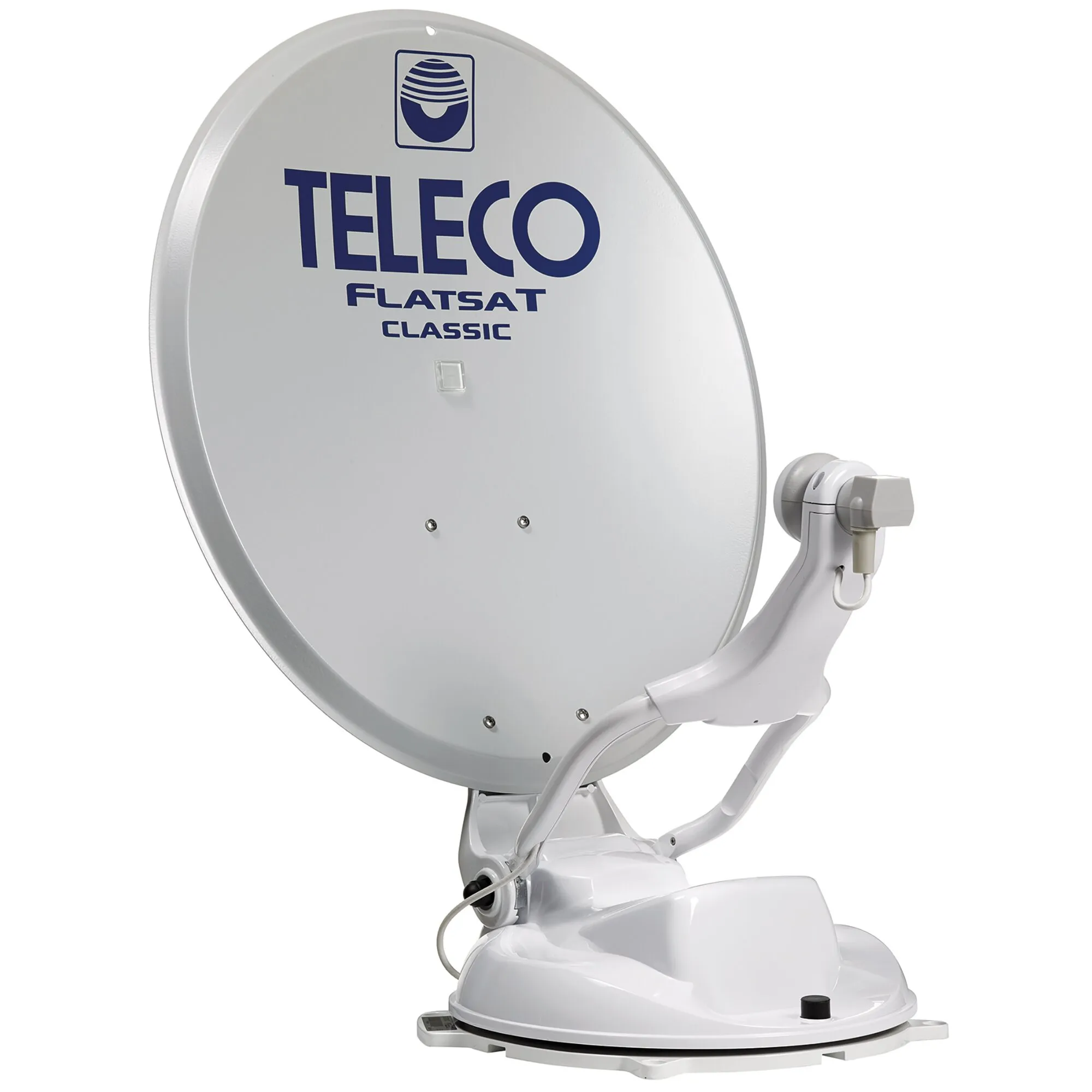 Weiße Teleco FlatSat Classic Single Satellitenanlage mit 63,5-cm-Parabolantenne, LNB-Arm und motorisierter Dreheinheit