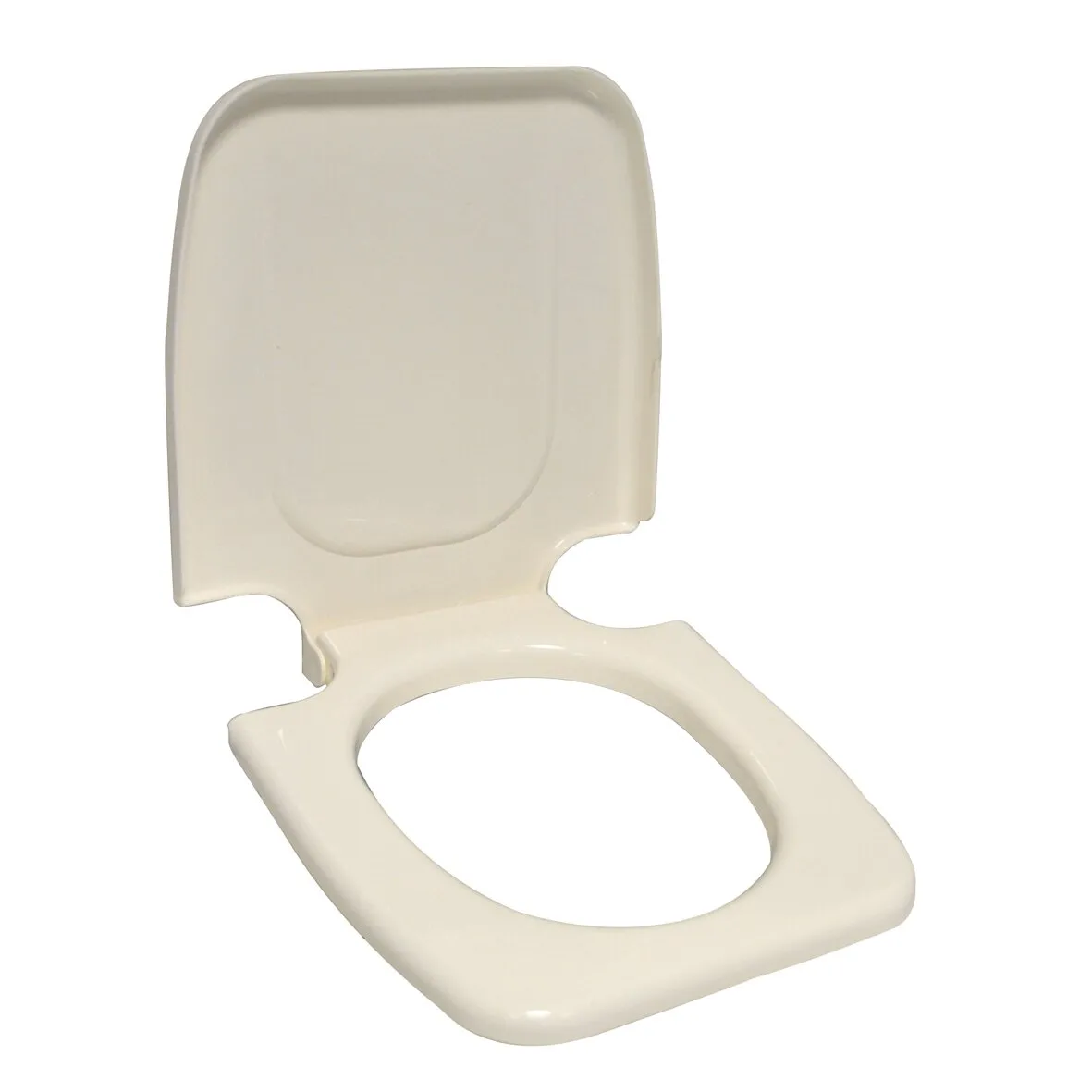 Cremefarbener Toilettendeckel mit integriertem Sitz, ovaler Öffnung und hochgeklapptem Rückenteil in Frontansicht
