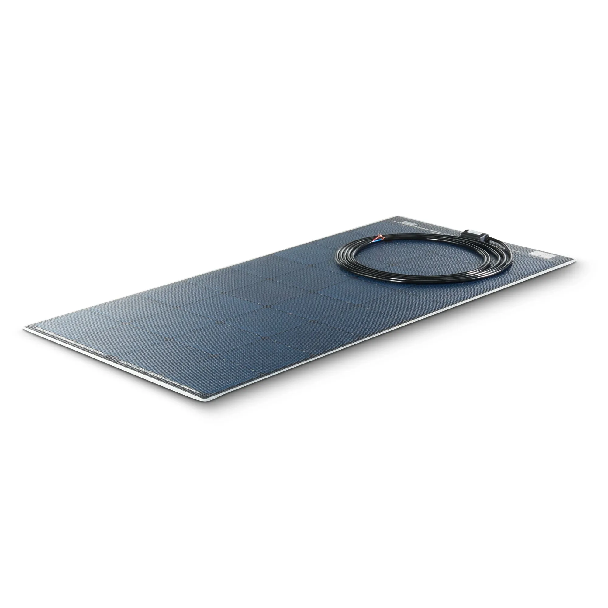 Flexibles dunkelblaues Solarmodul Flat Light mit sichtbaren Solarzellen, Anschlusskabel und 120 Wp Leistung in perspektivischer Ansicht