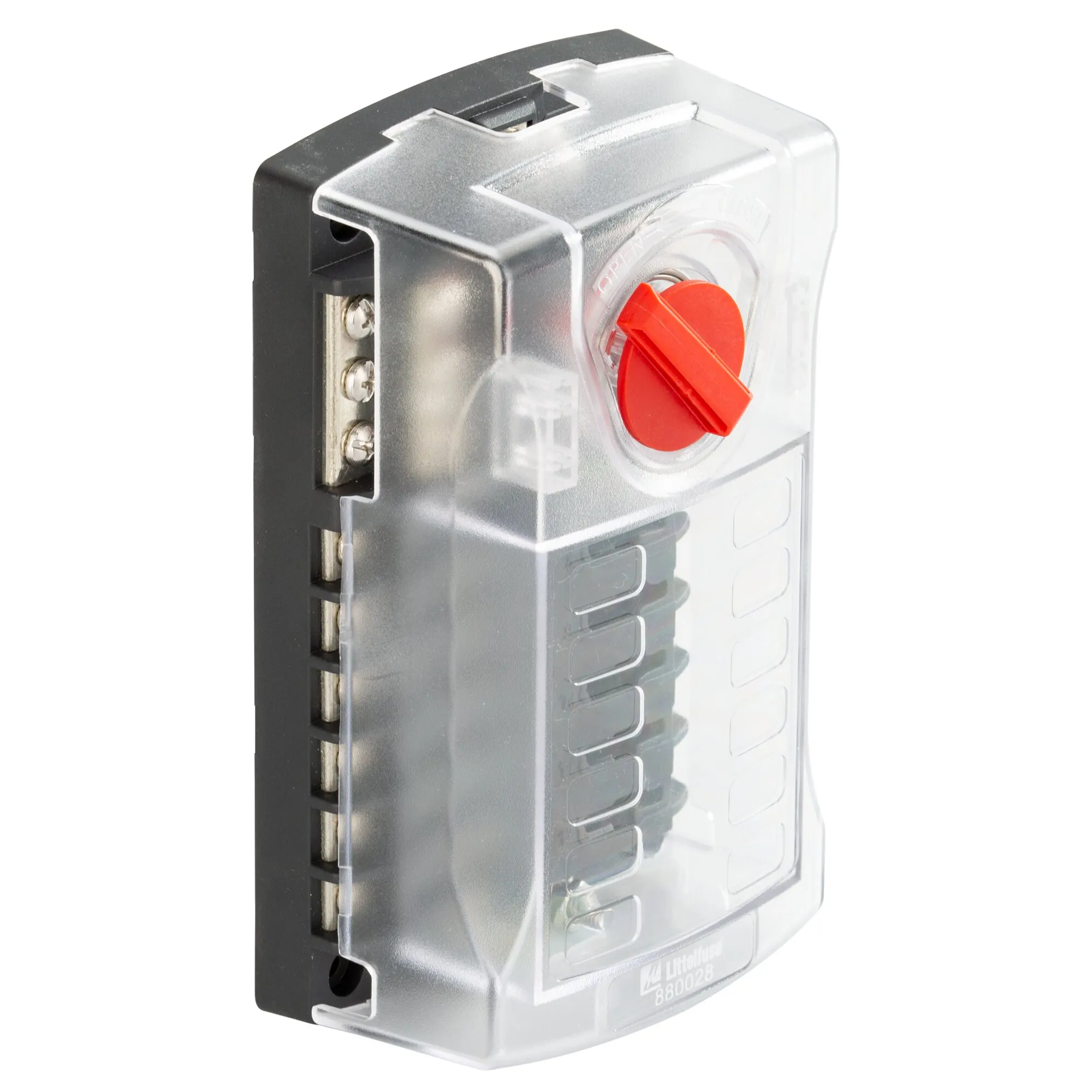 Sicherungsblock ST ATO® Series mit Erdungsschiene für 12 Flachsicherungen, schwarzes Gehäuse mit transparenter Abdeckung und rotem Drehschalter