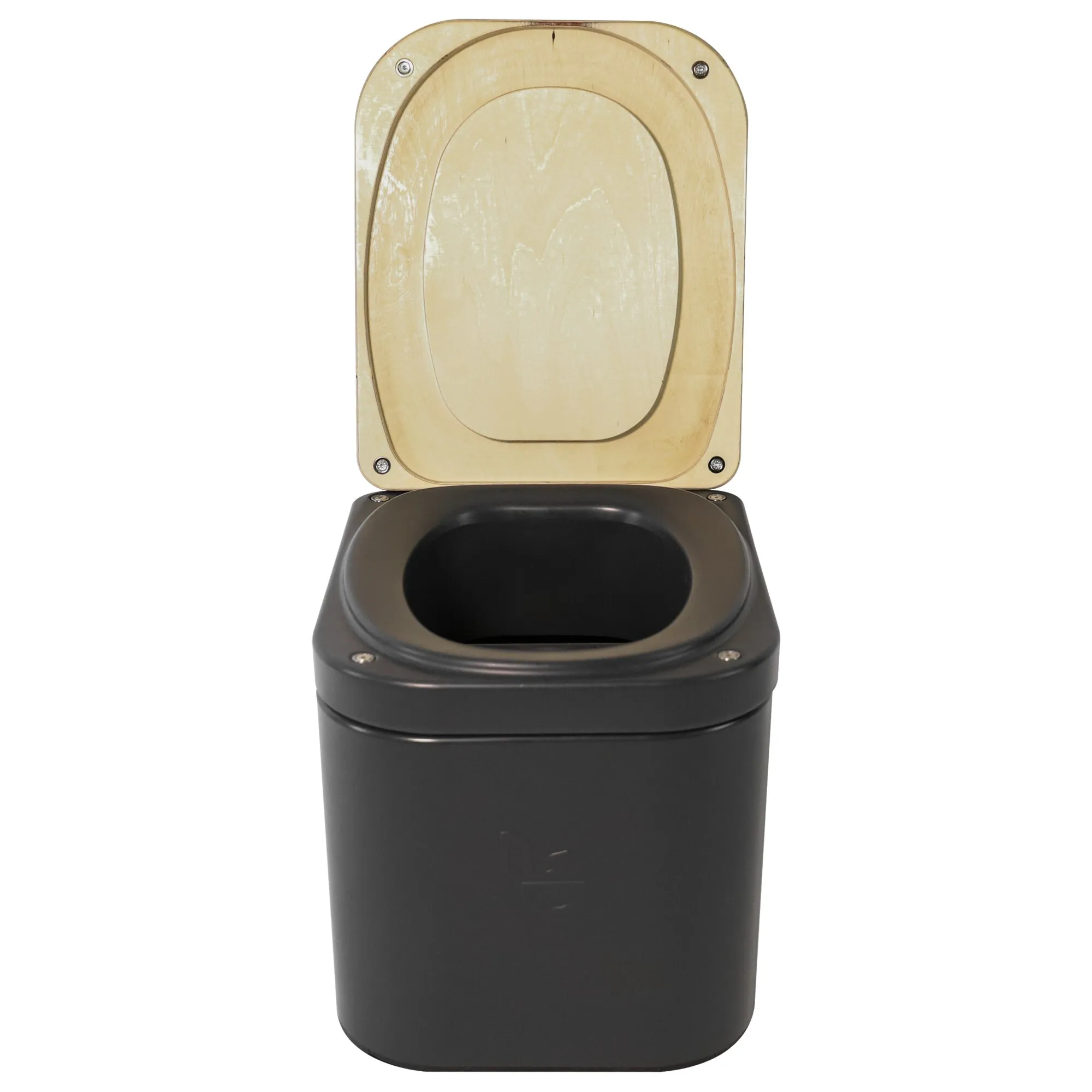 Schwarze Trenntoilette Trelino® Origin M mit geöffnetem Sitz und Deckel aus hellem Holz vor weißem Hintergrund