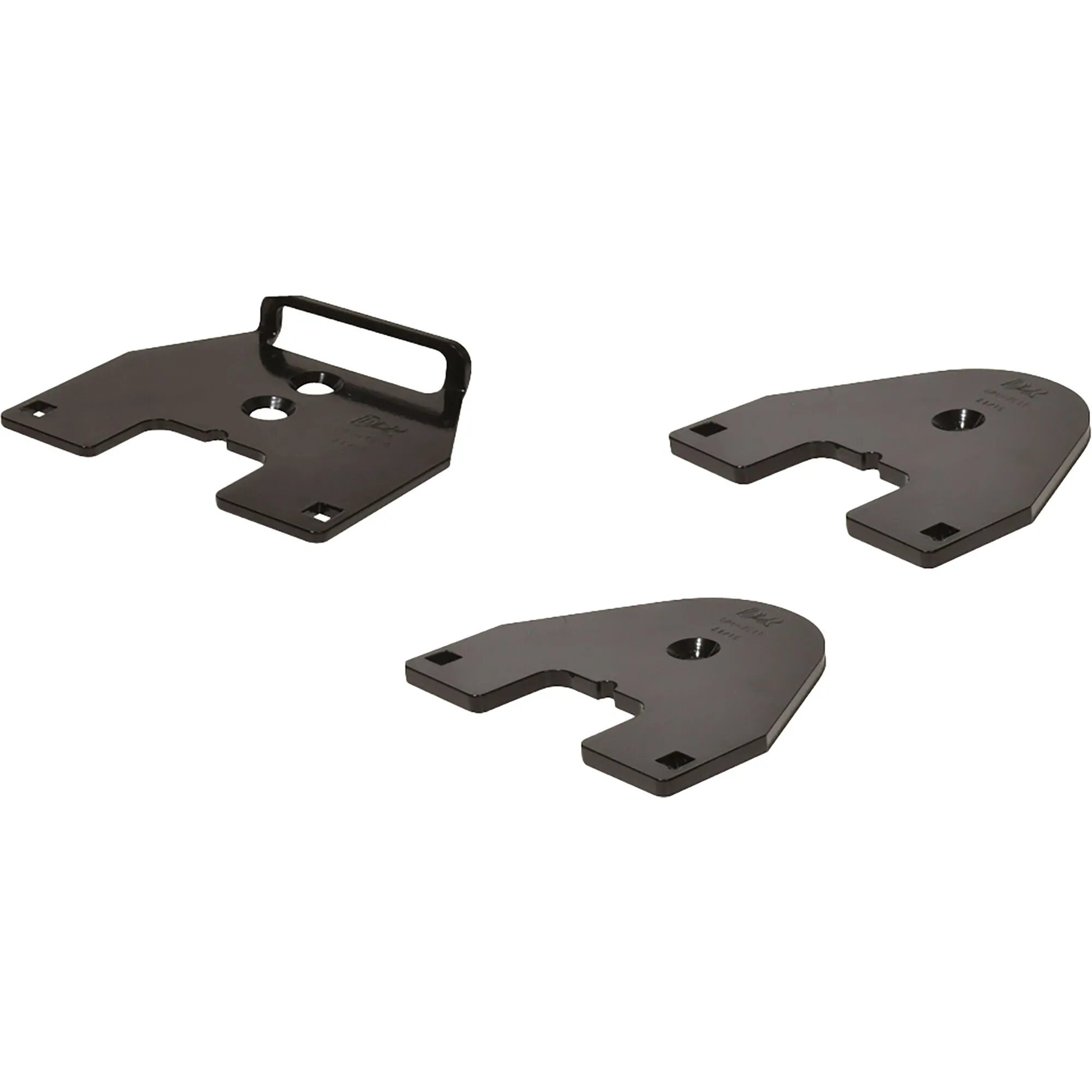 Schwarze Montageplatten des Airlift-Maxi-Luftfedersystems für Ford Transit ab Baujahr 07/2019, vier Teile mit Bohrungen und Aussparungen