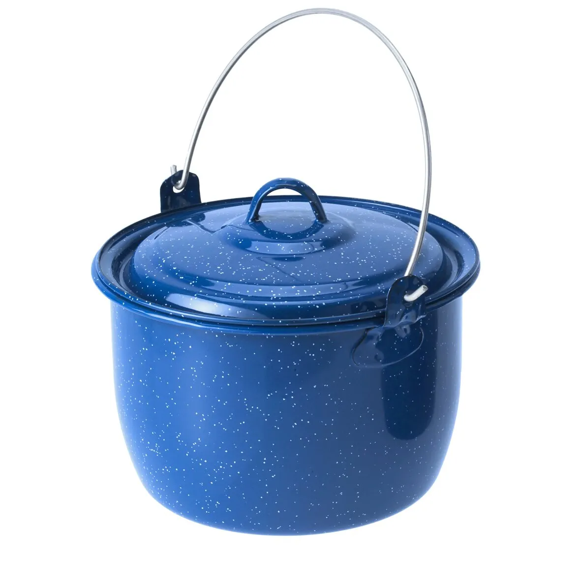 Blauer gesprenkelter Emaille-Topf mit Deckel, Bügelgriff und seitlichen Halterungen, auf weißem Hintergrund