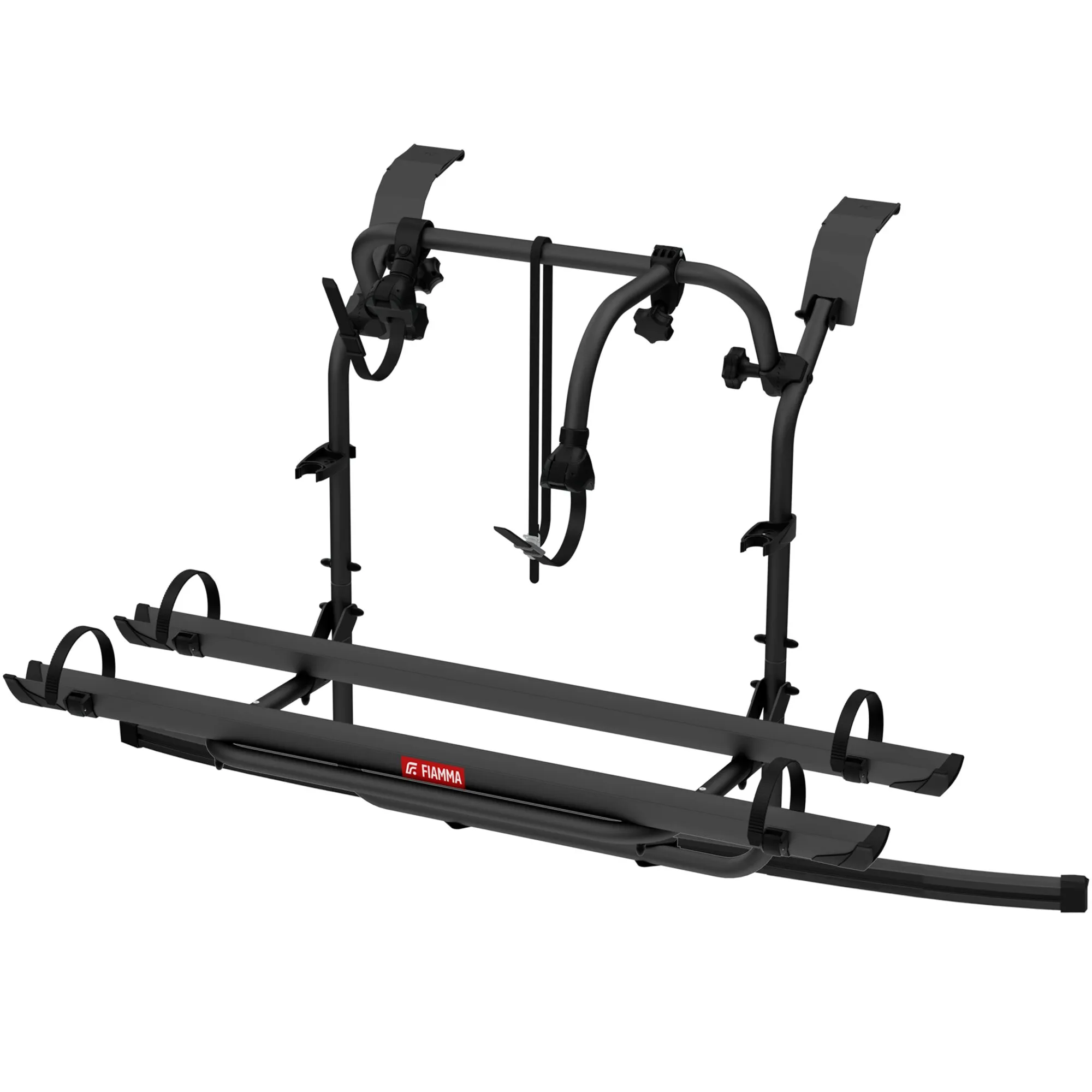 Schwarzer Fiamma Fahrradträger Carry-Bike Custom für zwei Fahrräder mit Radschienen und Haltearmen am Heck von Nugget-Hochdächern