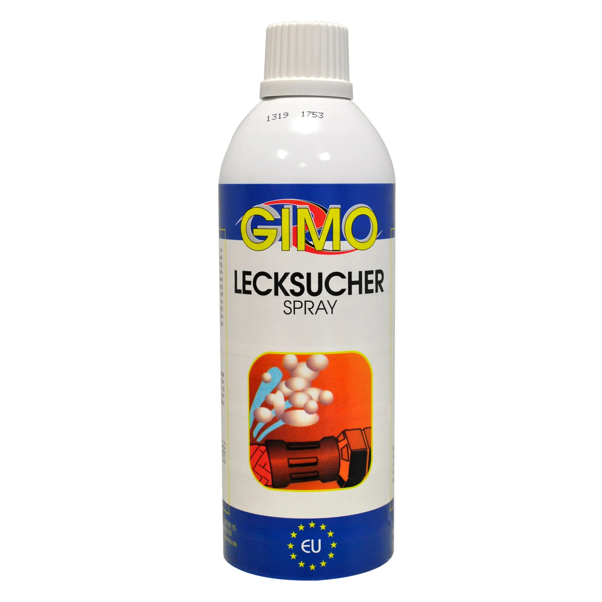 Weiße GIMO-Lecksucher-Spraydose mit blau-weißem Etikett, rotem Prüfgeräte-Motiv und weißem Schraubverschluss