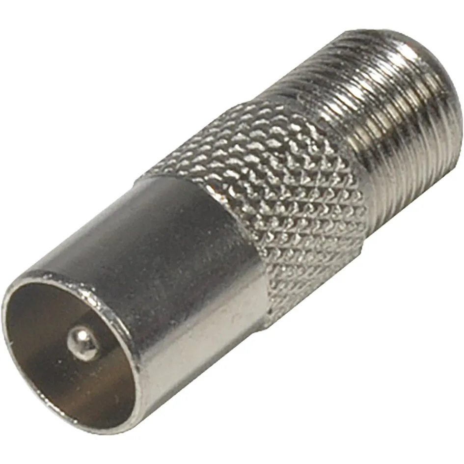 Metallischer F-Koaxstecker als zylindrischer Kuppler mit geriffelter Grifffläche und sichtbarem Innenkontakt in der Seitenansicht