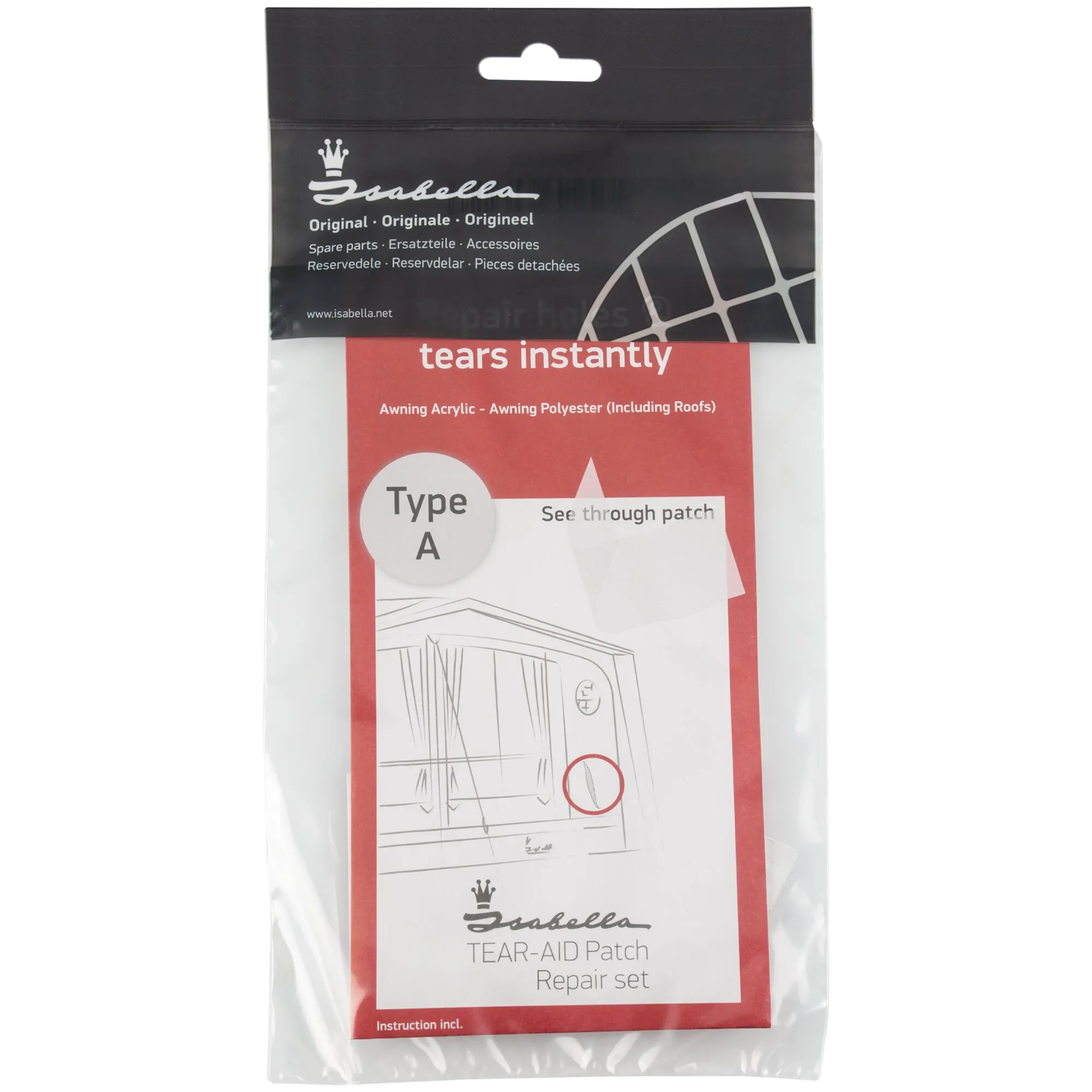 Verpacktes Isabella Tear-Aid Reparaturset Acryl Typ A mit transparentem Reparaturpatch für Markisenstoffe