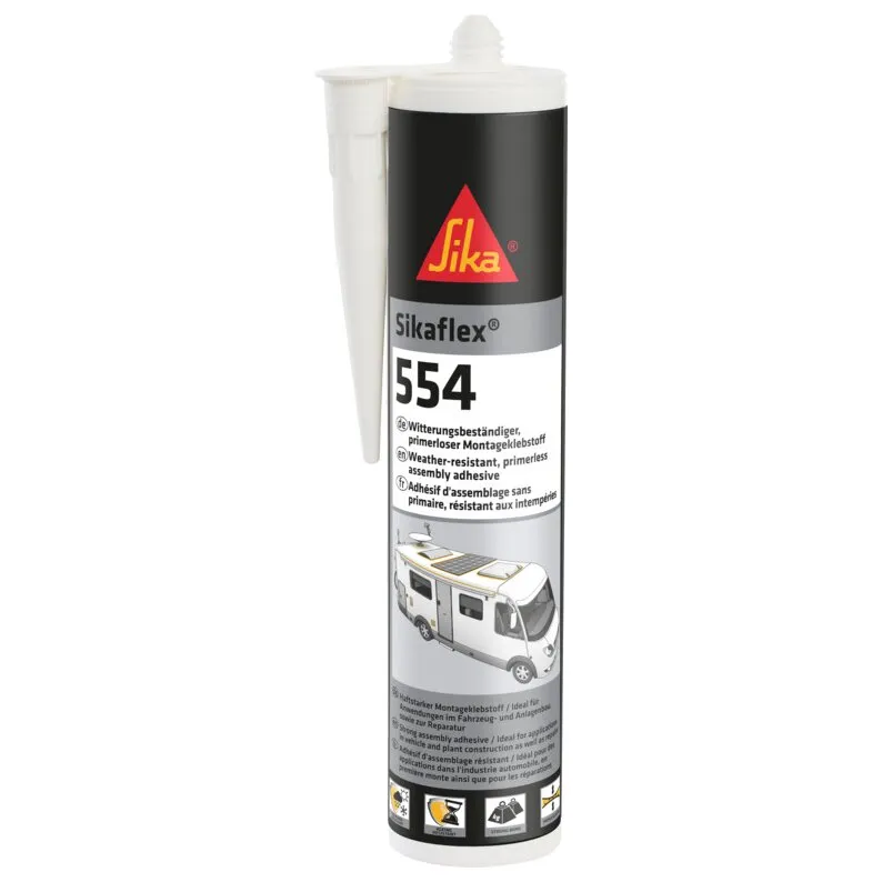 Sikaflex®-554 Montageklebstoff von Sika in weißer 300-ml-Kartusche mit aufgesetzter Düse