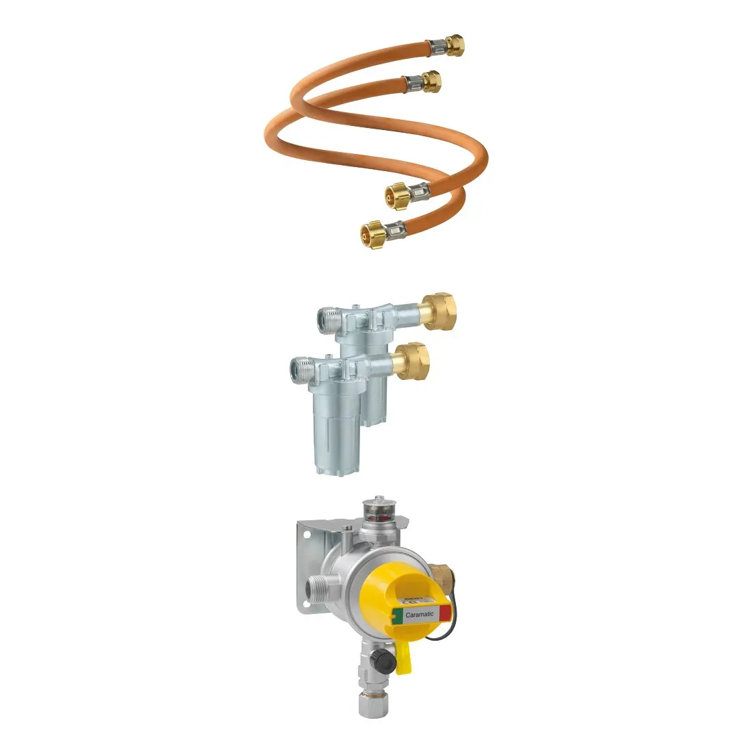 Umschaltventil Caramatic ProTwo Set, 30 mbar, mit silbernem Ventil, gelbem Drehknopf und vier orangefarbenen Anschlussschläuchen