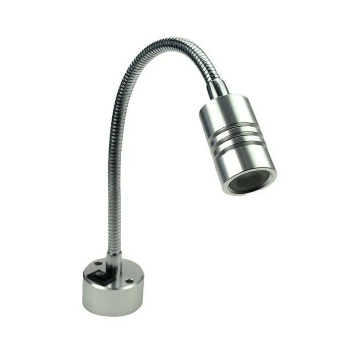 Schwanenhals-Aufbauleuchte aus Metall mit flexiblem Arm, zylindrischem LED-Leuchtenkopf und runder Montageplatte in Silber