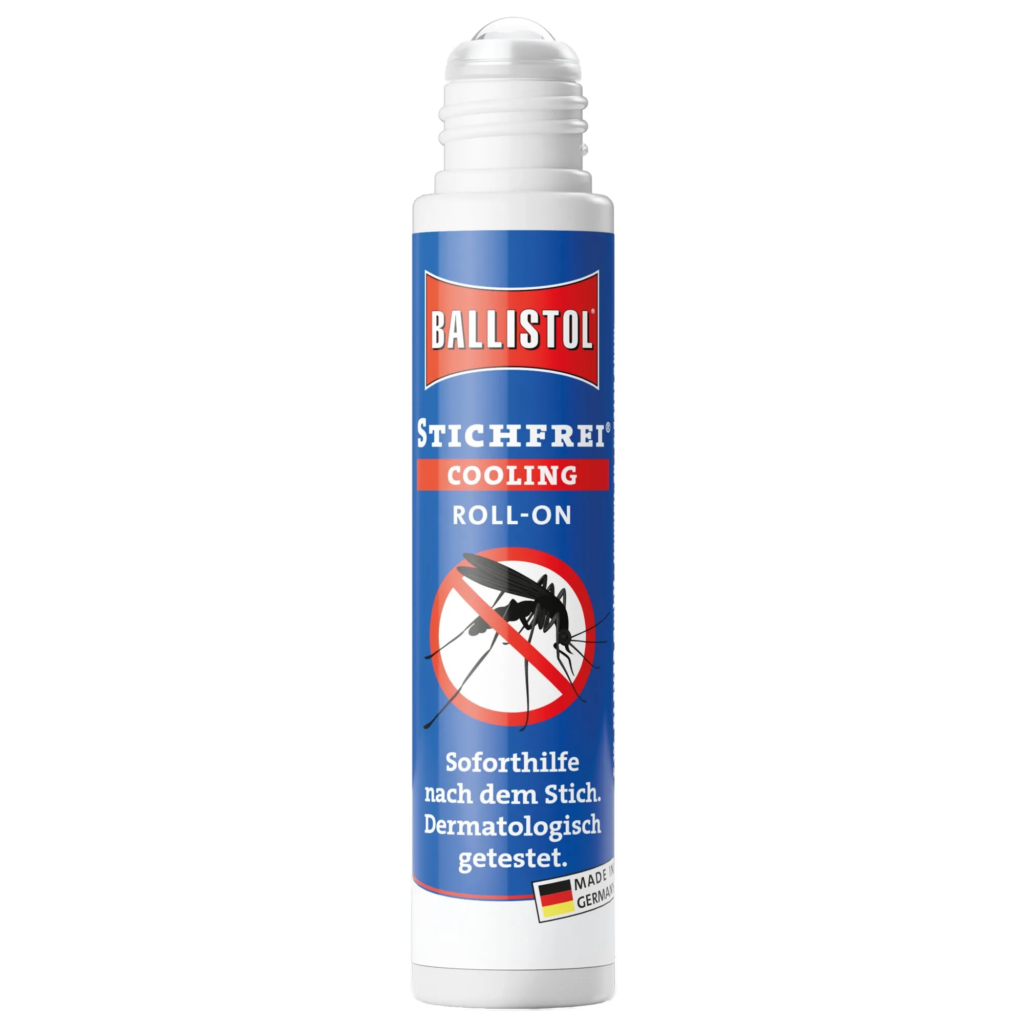 Blau-weißer Ballistol Stichfrei Cooling Roll-on im Fläschchen mit durchgestrichenem Mückenmotiv