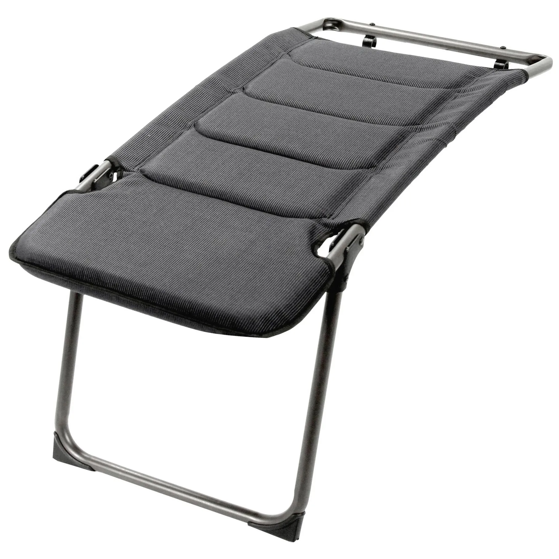 Fußauflage Kerry Phantom aus schwarzem, geripptem Stoff mit gepolsterter Fläche und grauem Metallrahmen in Seitenansicht