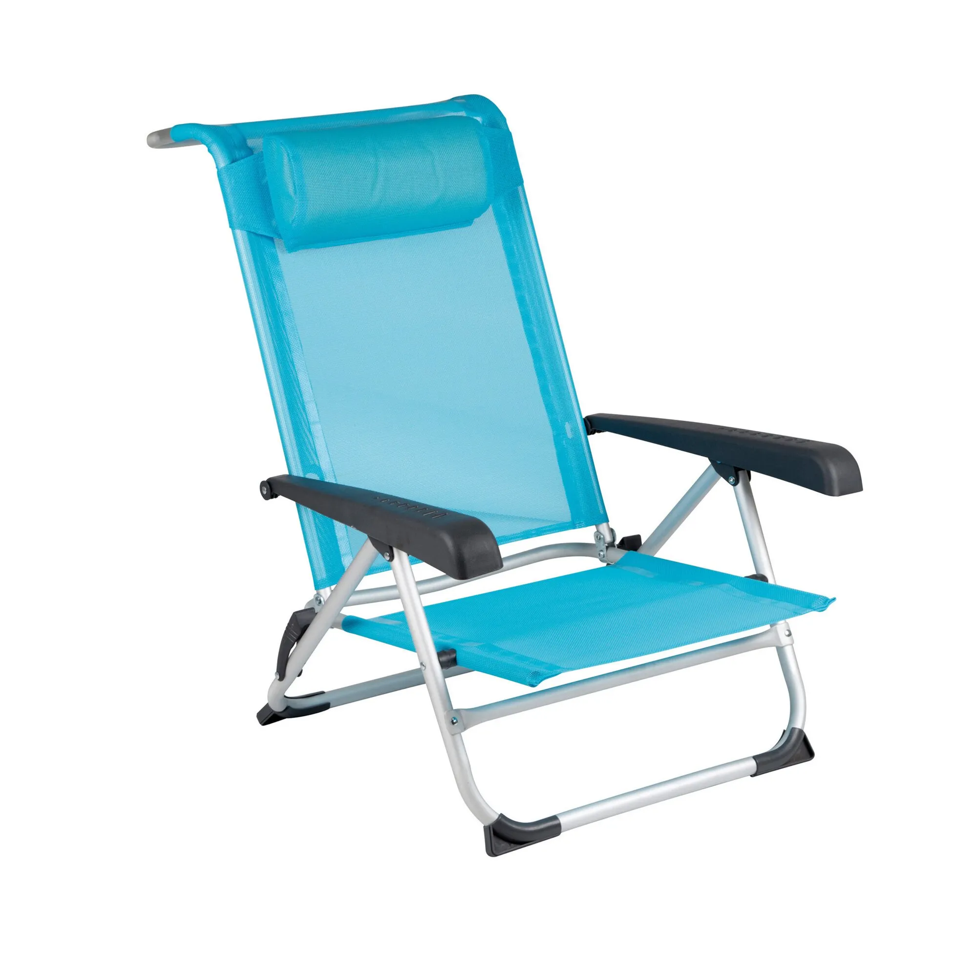 Hellblauer Strandstuhl Saint-Tropez mit verstellbarer Rückenlehne, Kopfpolster, Armlehnen und silbernem Klappgestell