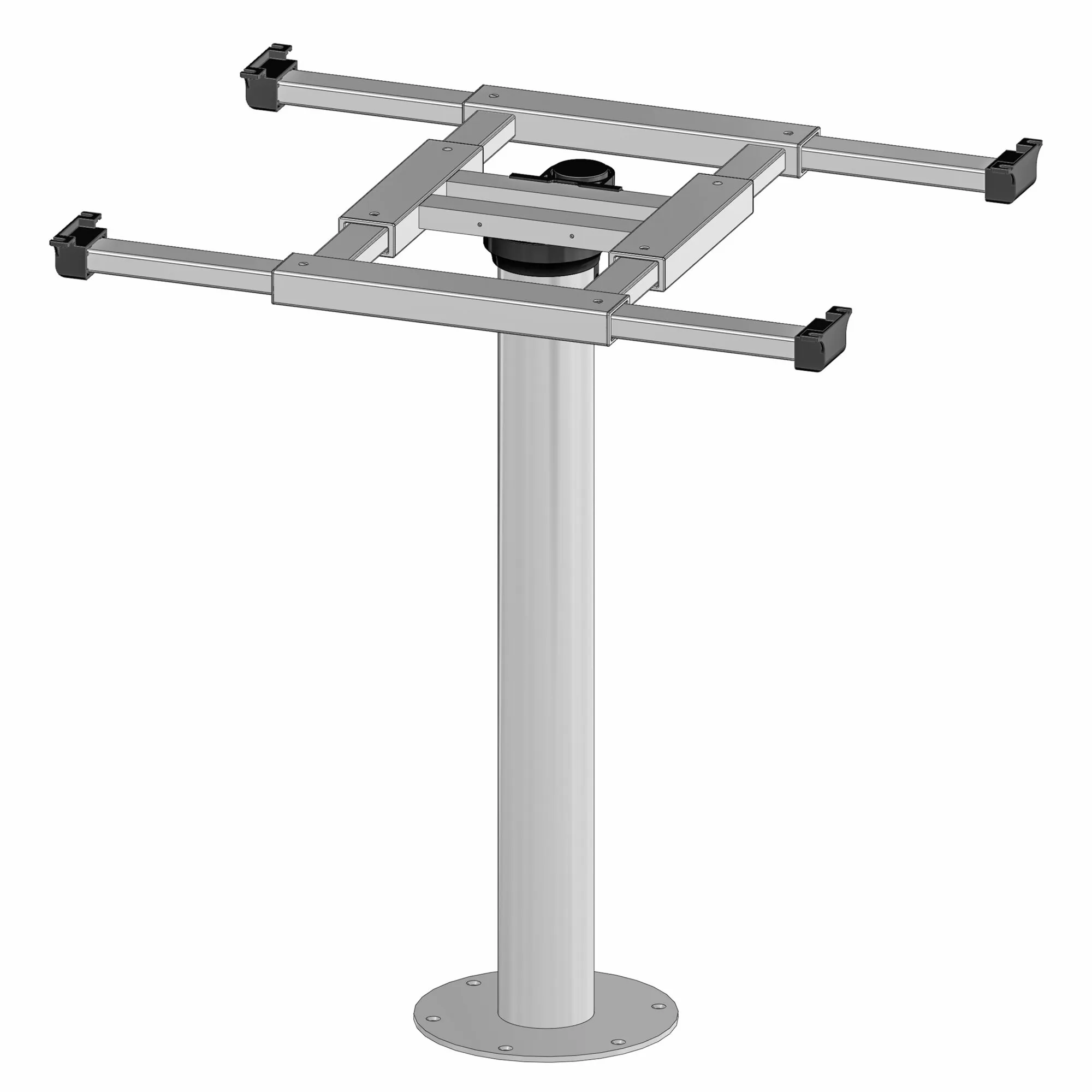 Silberne Tischsäule mit runder Bodenplatte und verschiebbarem X/Y-Rahmen aus Metall mit vier schwarzen Endkappen