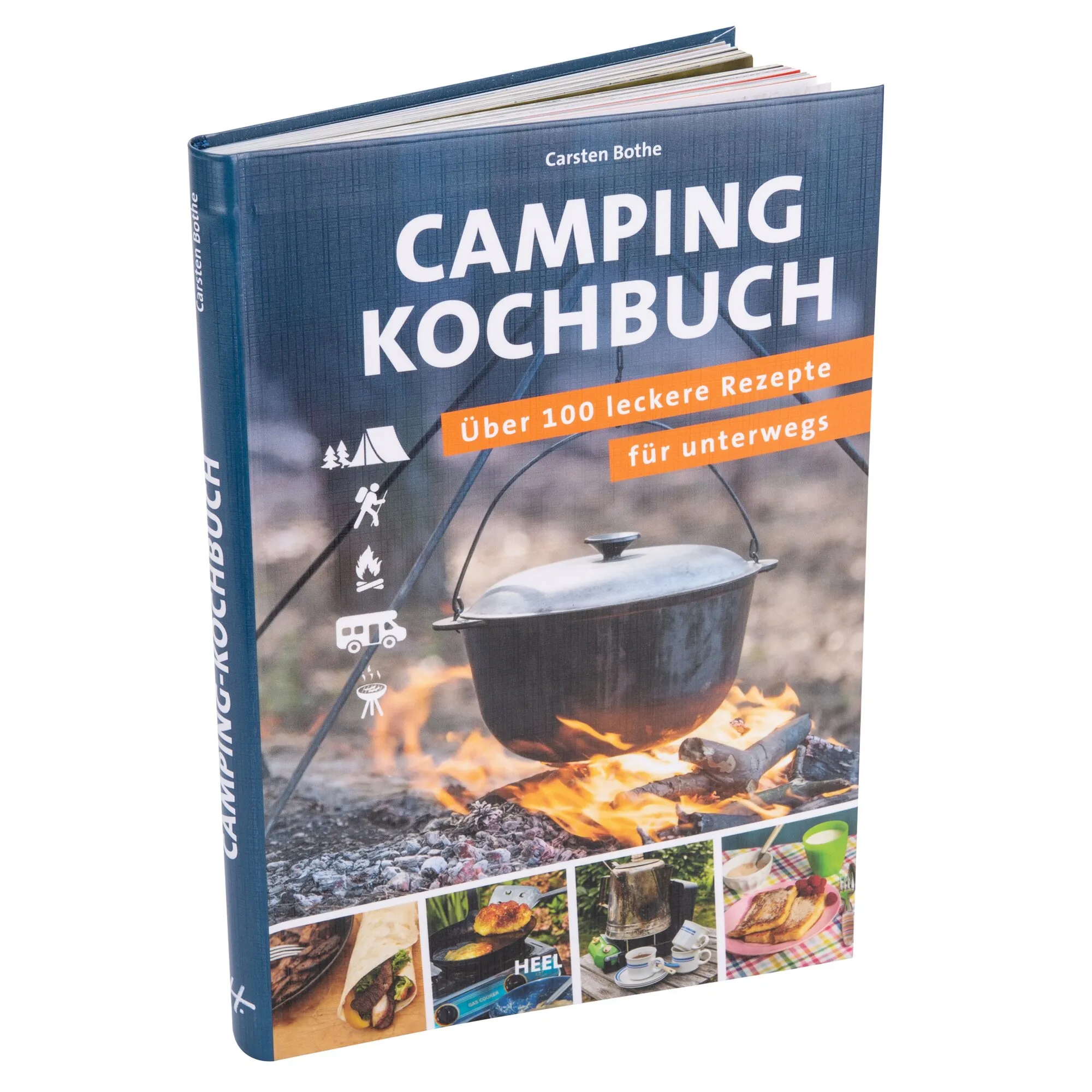 Camping-Kochbuch von Carsten Bothe mit dunkelblauem Einband, Feuertopf über offenem Feuer und Rezeptfotos＿亚洲