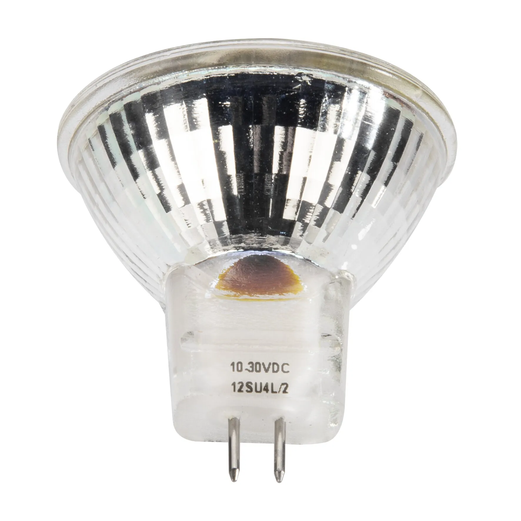LED-Leuchtmittel GU4 mit 2 W, transparentem Reflektor, Keramiksockel und zwei Metallstiften, Aufdruck 10–30 V DC