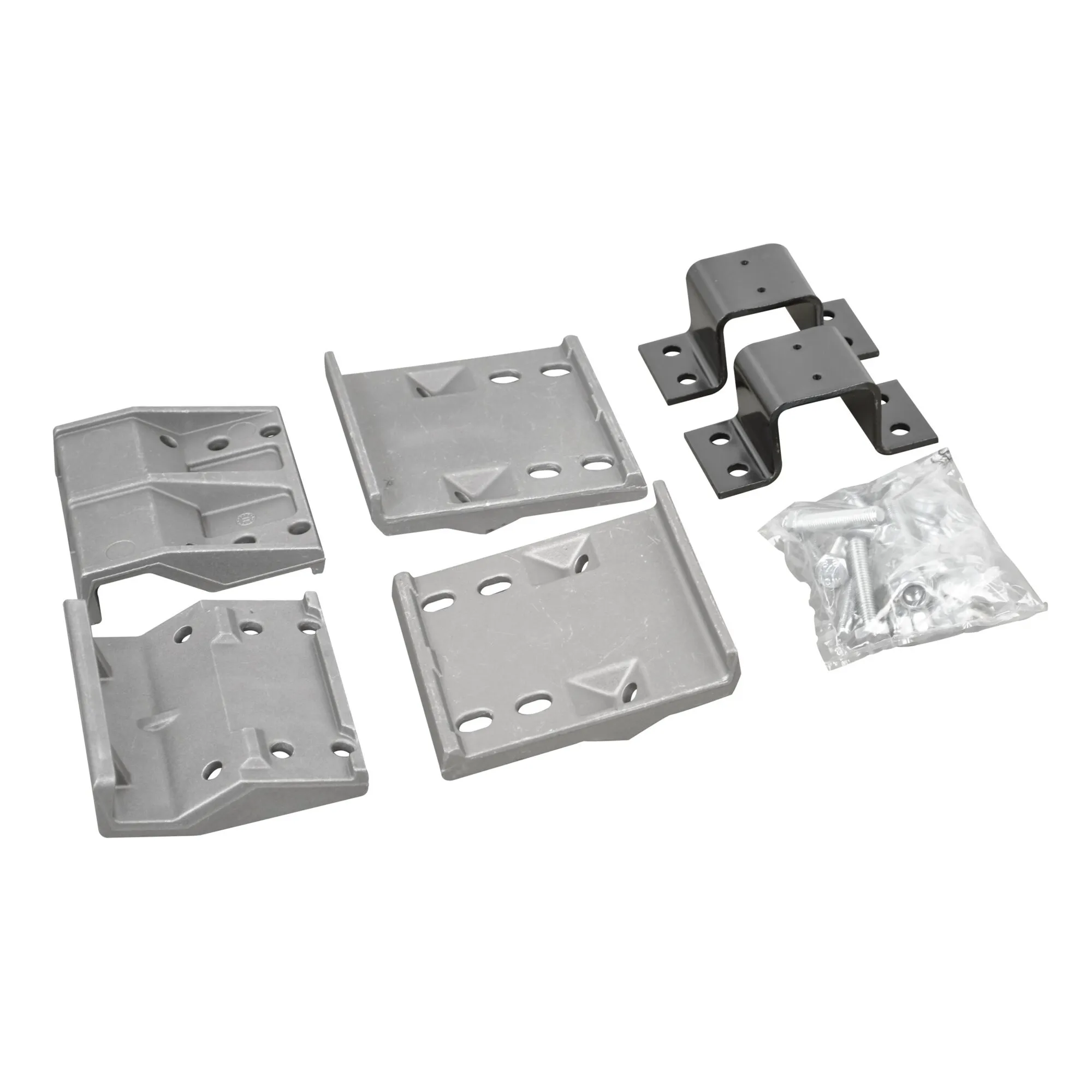 Befestigungssatz links und rechts für die Rangierhilfe GO2 mit grauen Montageplatten, schwarzen Haltebügeln und Befestigungsschrauben