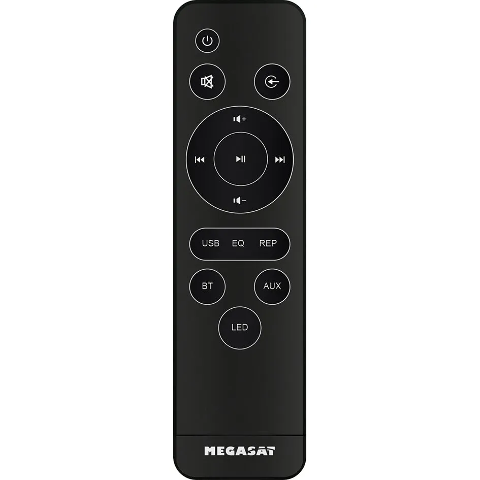 Schwarze Fernbedienung für die Soundbar Klangwunder V mit Tasten für Bluetooth, AUX, USB, Equalizer und LED-Steuerung