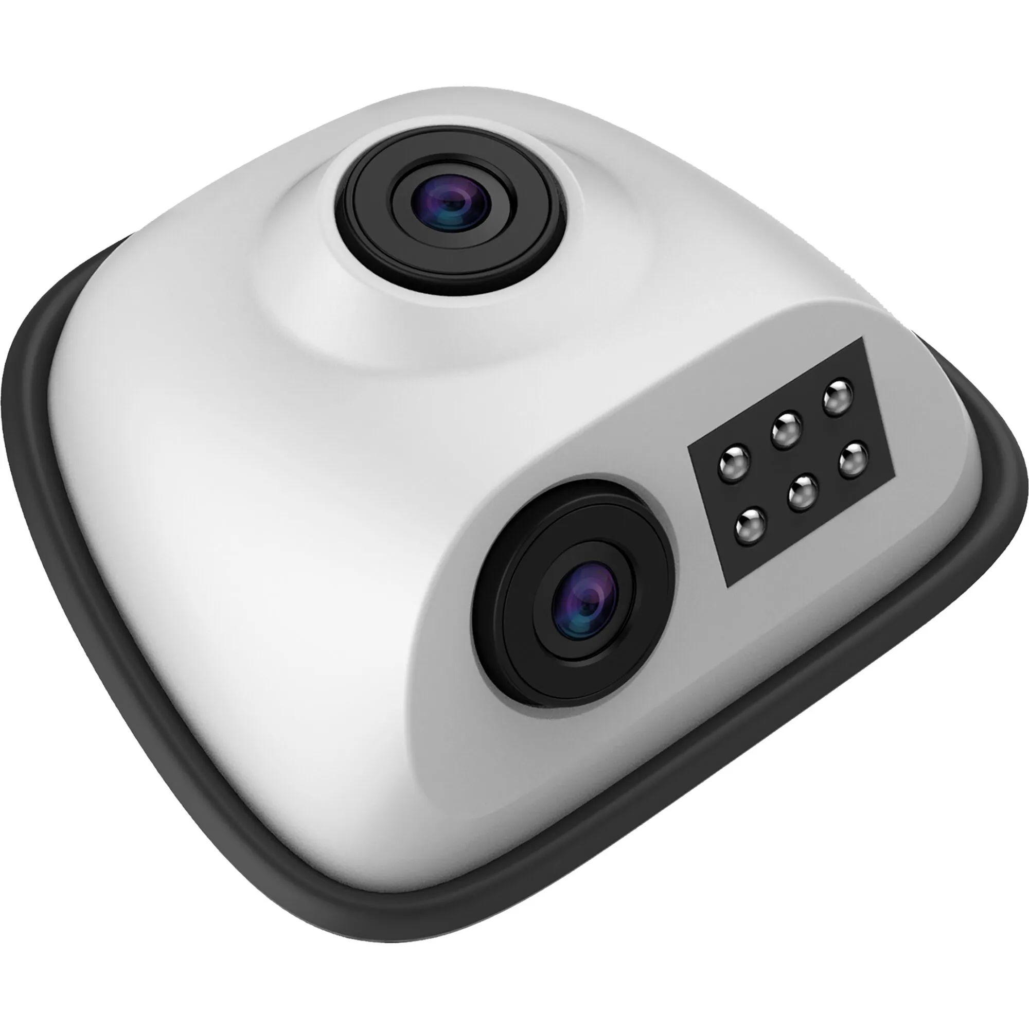 ESX VNA-RCAM-CS240-15 Rückfahrkamera mit weißem Gehäuse, zwei Objektiven und sechs LED-Leuchten in schräger Ansicht