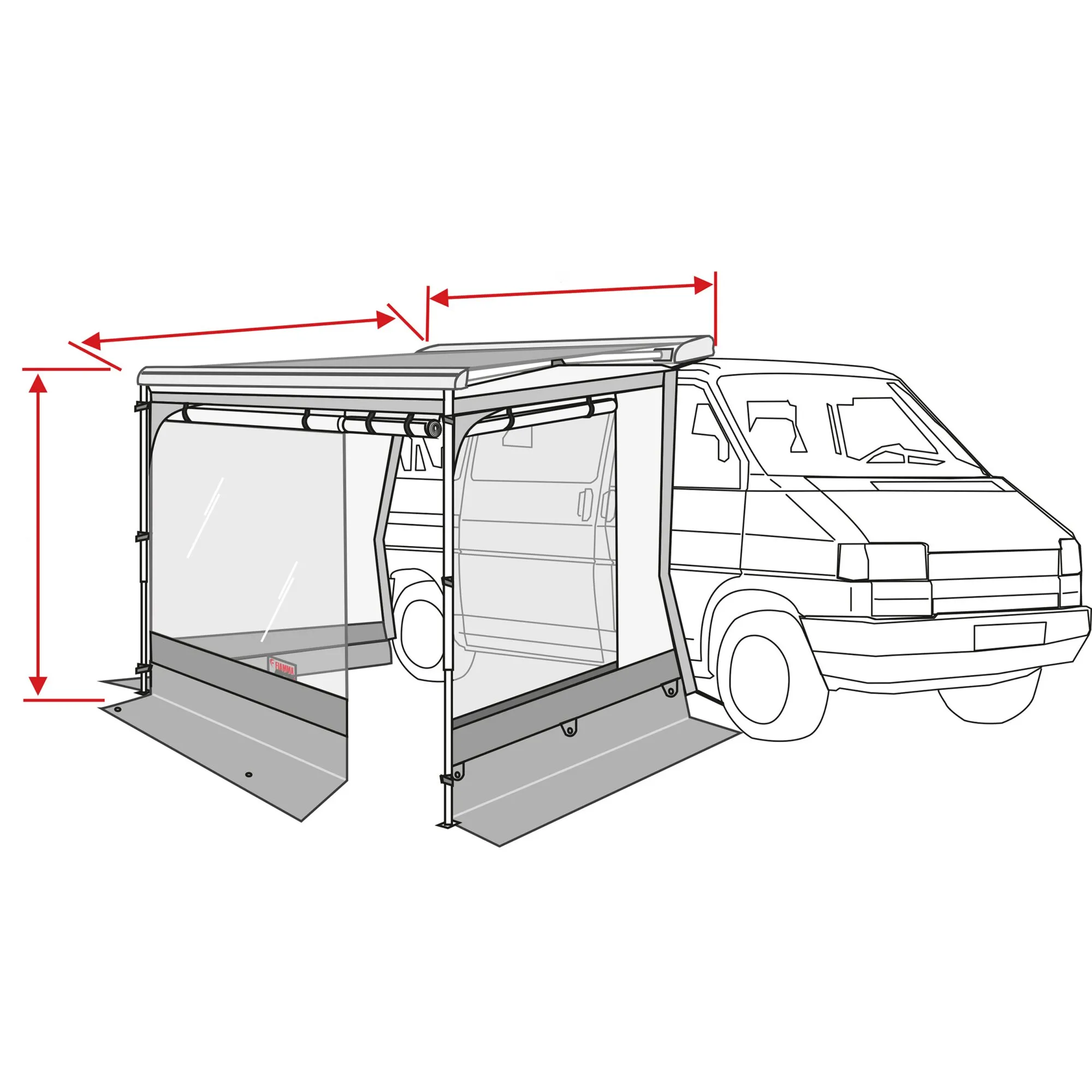Markisenzelt Room Van für 300 cm breite Markise am Campervan, mit Seitenwänden, Fenstern und Maßpfeilen dargestellt