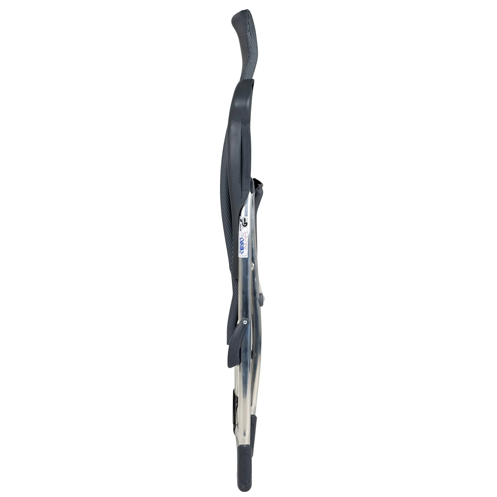 Zusammengeklappter anthrazitfarbener Campingstuhl XS AL/215 Classic in seitlicher Ansicht mit Aluminiumgestell und gepolsterter Rückenlehne