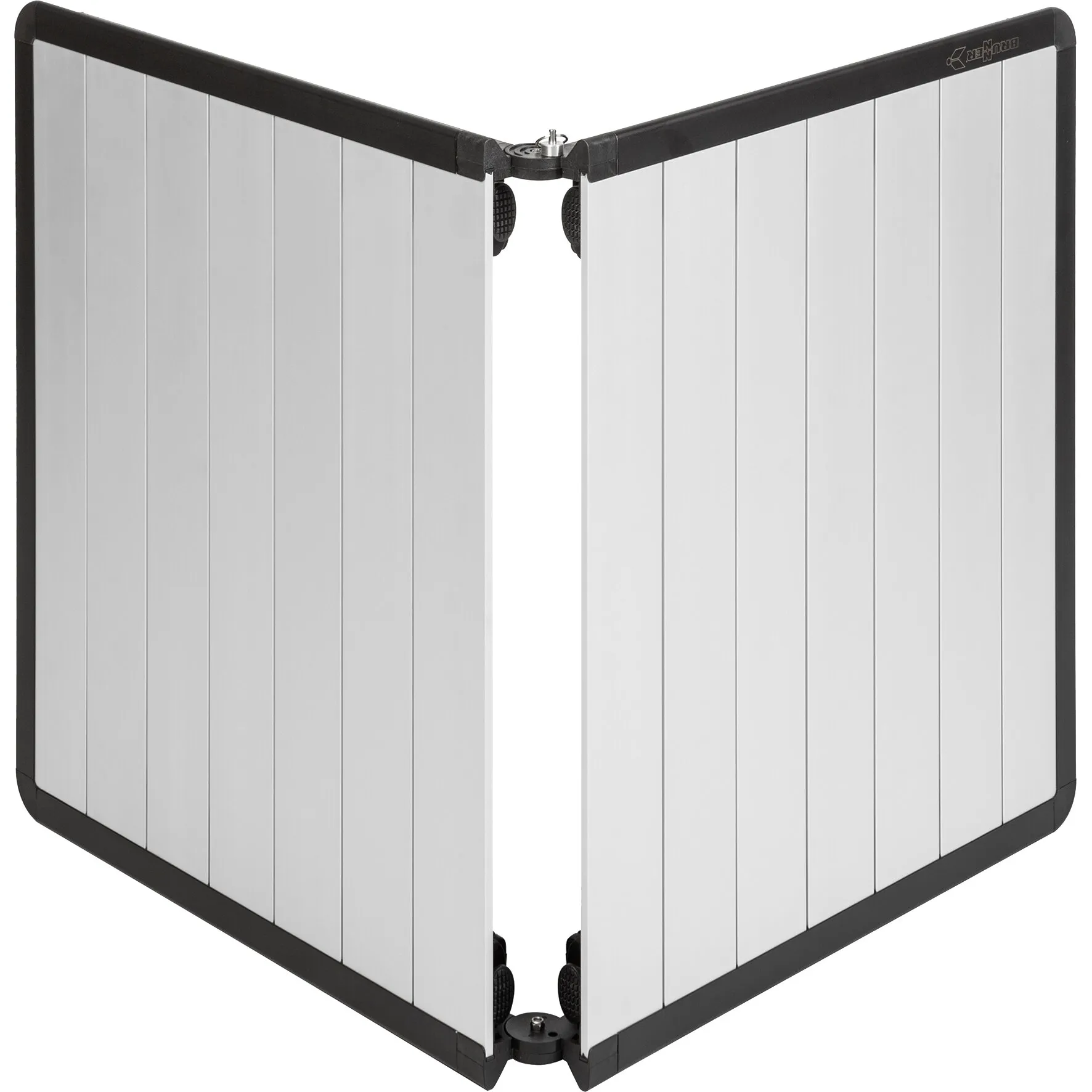 Klapptisch Dinemic, 126 cm, zusammengeklappt in V-Form mit weißer Lamellenplatte, schwarzem Rahmen und Klappscharnieren