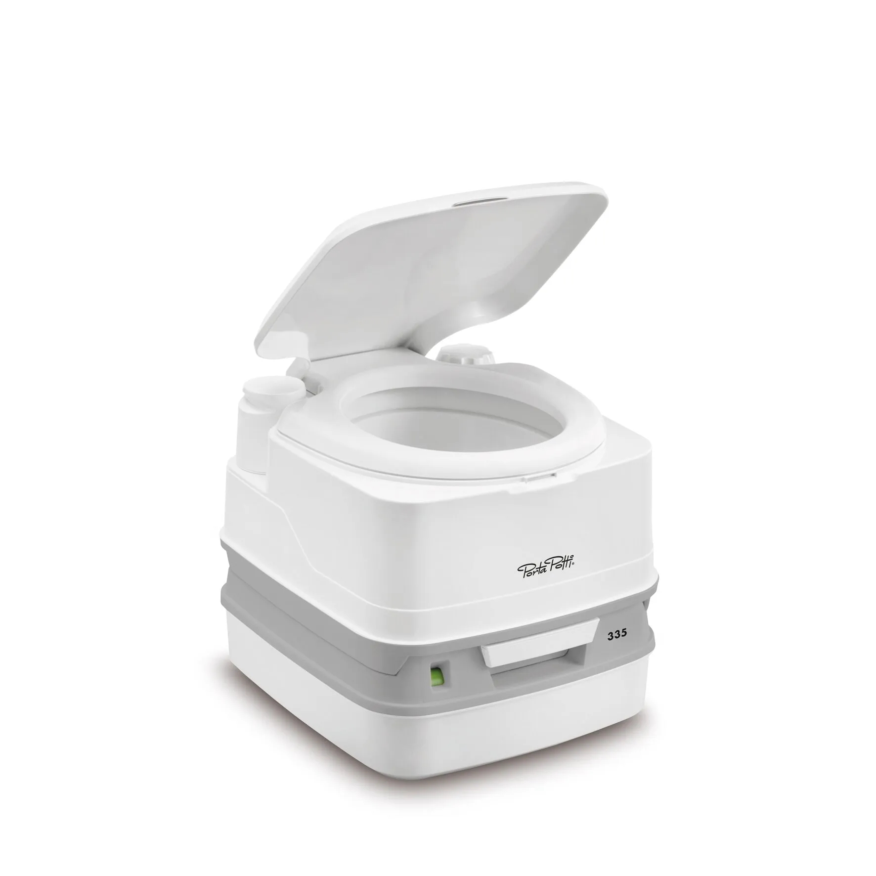 Weiße mobile Campingtoilette Porta Potti mit geöffnetem Deckel, Sitzöffnung und sichtbarem Modellaufdruck 335