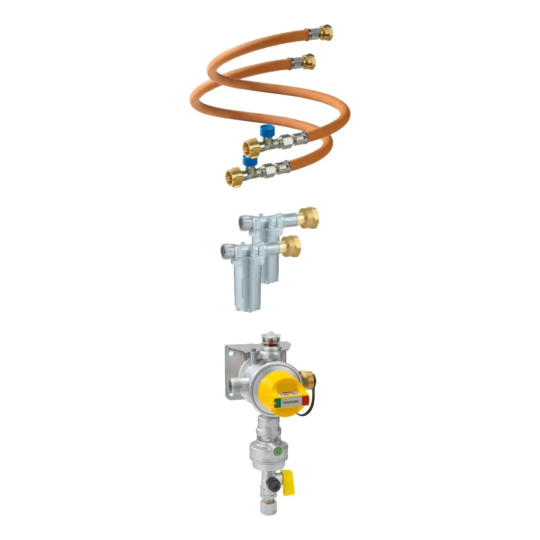 Sicherheits-Gasdruck-Regelanlage Caramatic DriveTwo Set, vertikal, mit orangefarbenen Schlauchleitungen und Reglerbauteilen
