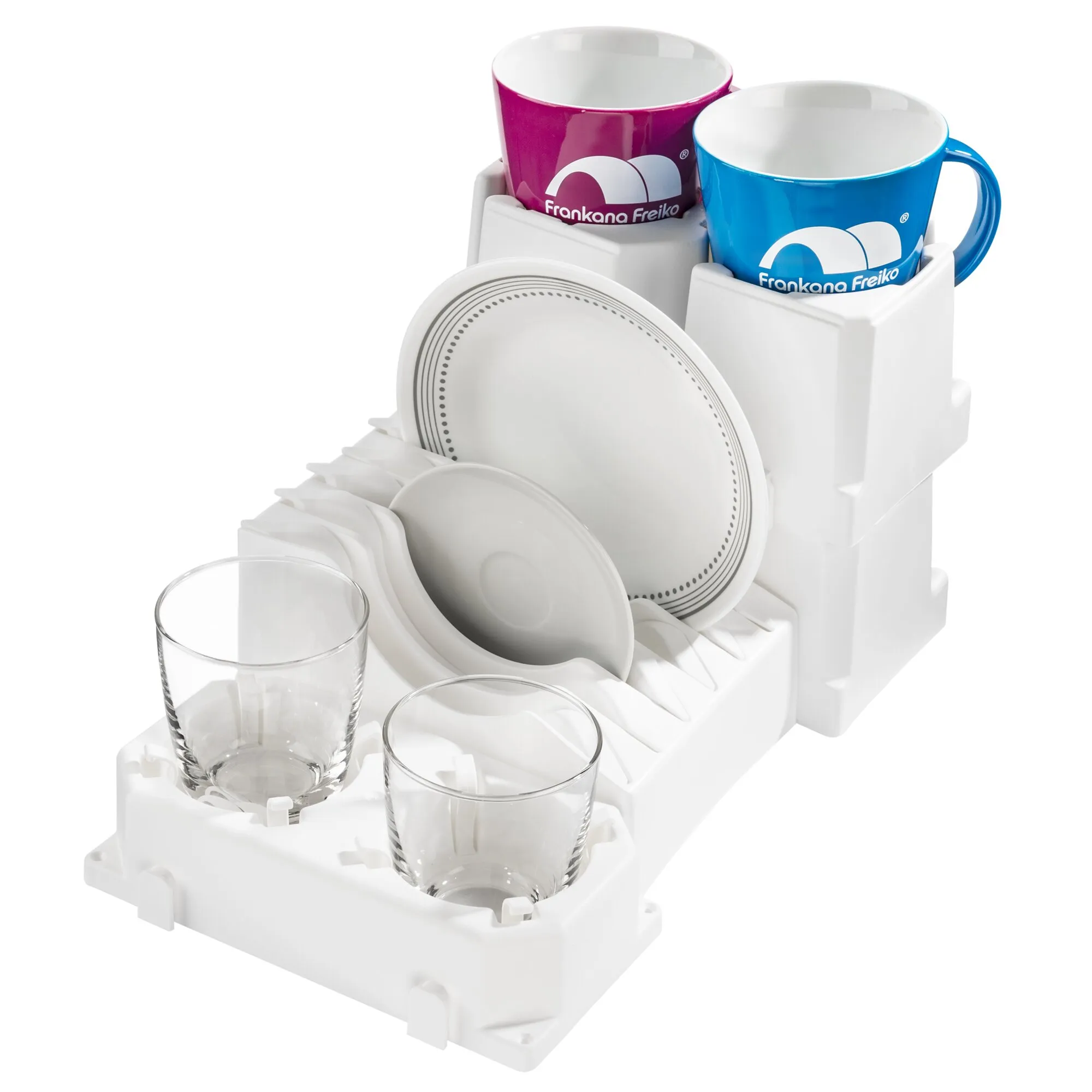 Weißer Gläserhalter mit zwei klaren Trinkgläsern, Tellern und Schalen sowie blauer und pinker Tasse im Halter