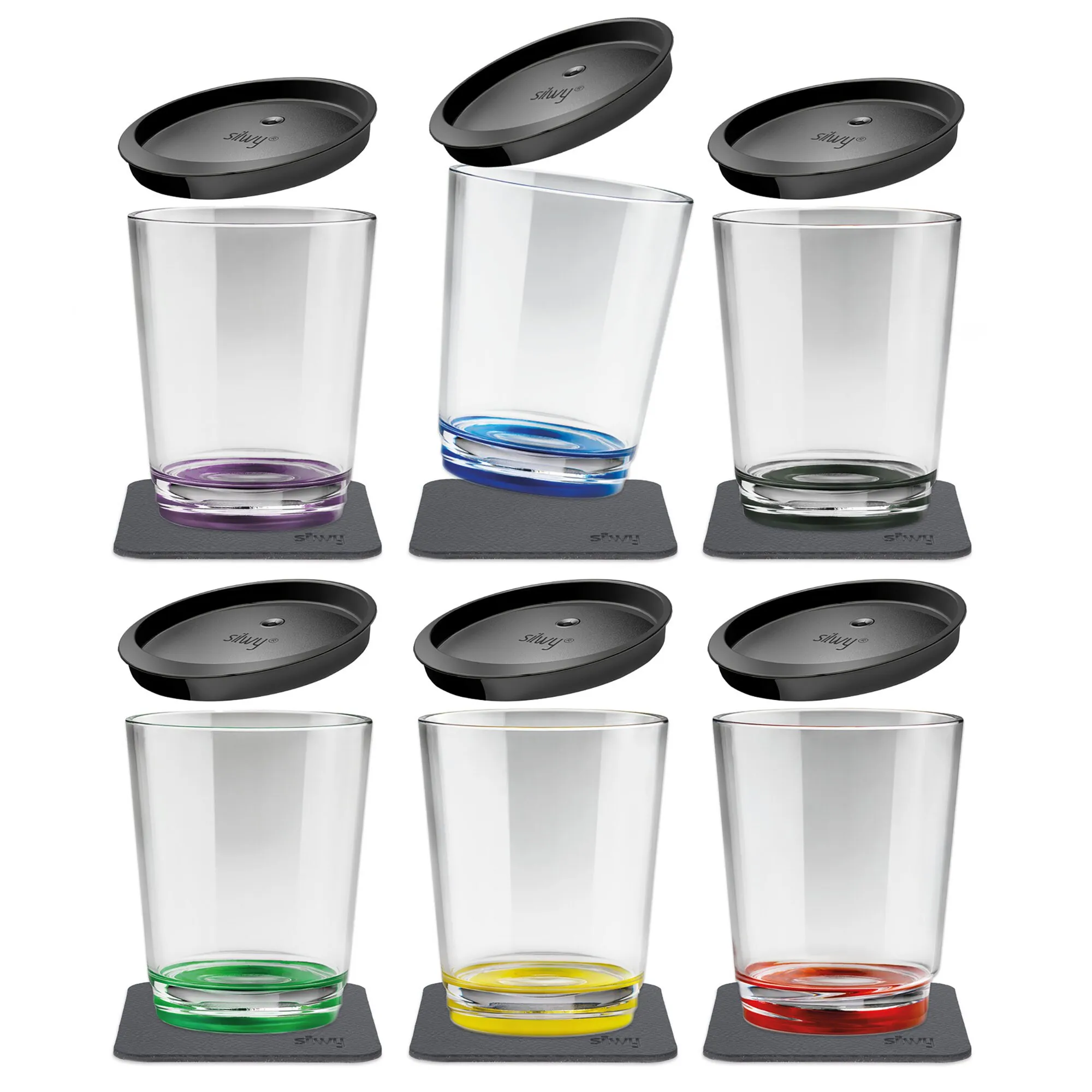Magnet-Trinkbecher-Set mit sechs transparenten Gläsern, farbigen Böden, schwarzen Untersetzern und je einem schwarzen Magnetelement