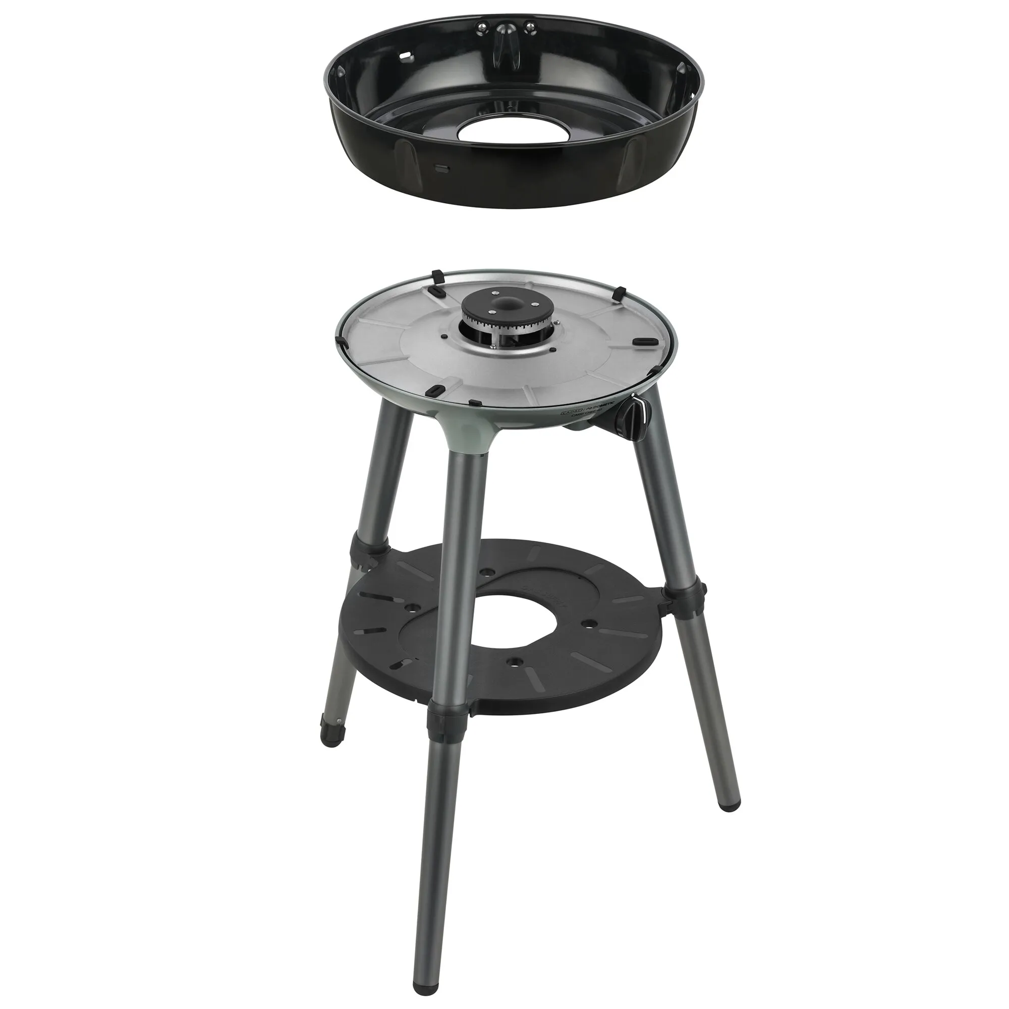 Gasgrill Carri Chef 40 BBQ in Schwarz und Grau mit Dreibein, runder Grillplatte, zentralem Brenner und abnehmbarem Windschutzring