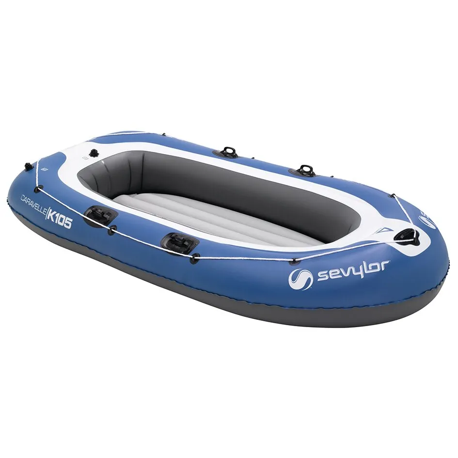 Blau-graues Sevylor Schlauchboot Caravelle K 105 mit weißem Rand, zwei Sitzflächen, Haltegriffen und umlaufender Sicherheitsleine