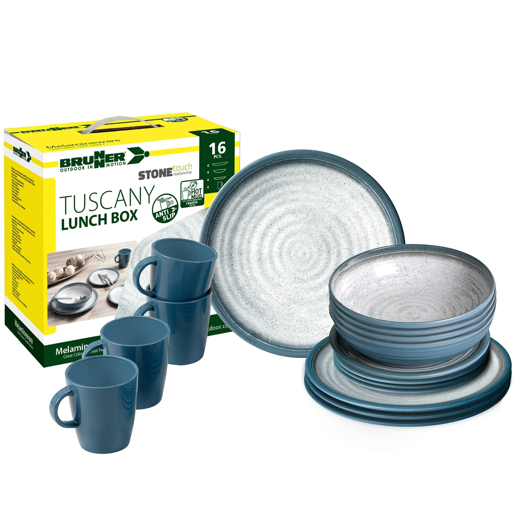 Brunner Tuscany 16-teiliges Melamin-Geschirrset in Blau und Grau mit vier Bechern, Tellern und Schalen neben der Verpackung