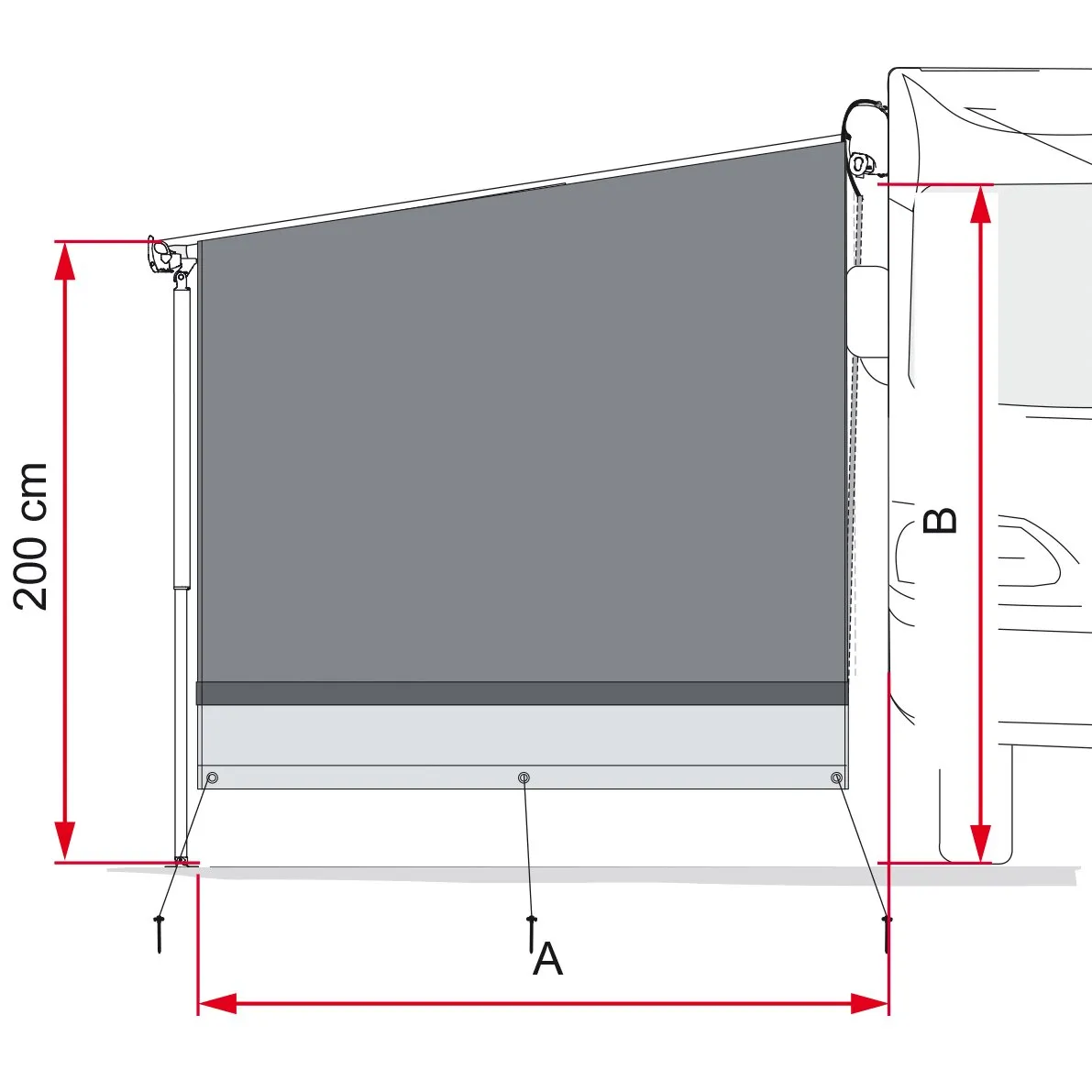 Seitenwand Side Block F45/F80 in Rechteckform mit Bodenbefestigung, seitlichen Halterungen und Maßangaben A Breite, B Höhe, 200 cm hoch