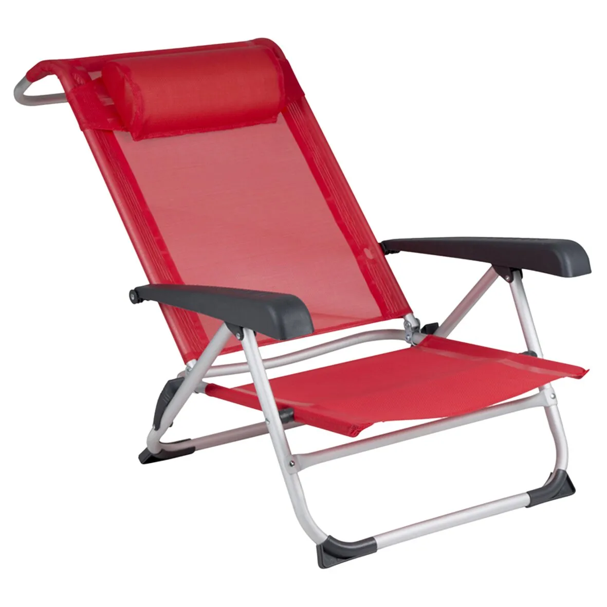 Korallenroter Strandstuhl Saint-Tropez mit verstellbarer Rückenlehne, schwarzem Armlehnen und silbernem Klappgestell