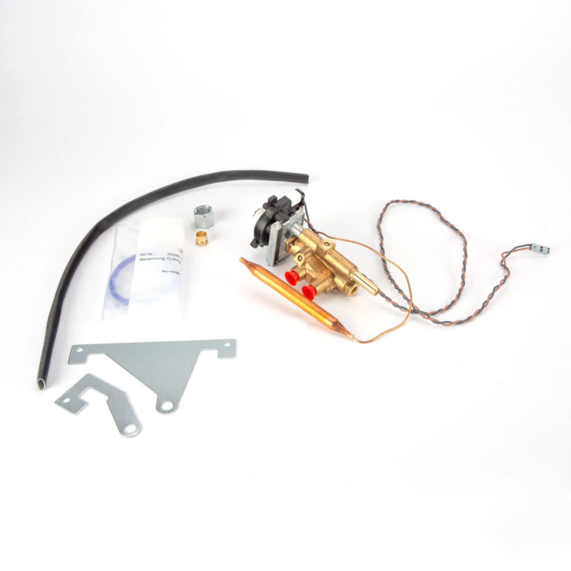 Zündsicherungsventilset mit Messingventil, elektrischem Anschluss, Kupferrohren, Schlauch, Montageblechen und Kleinteilen