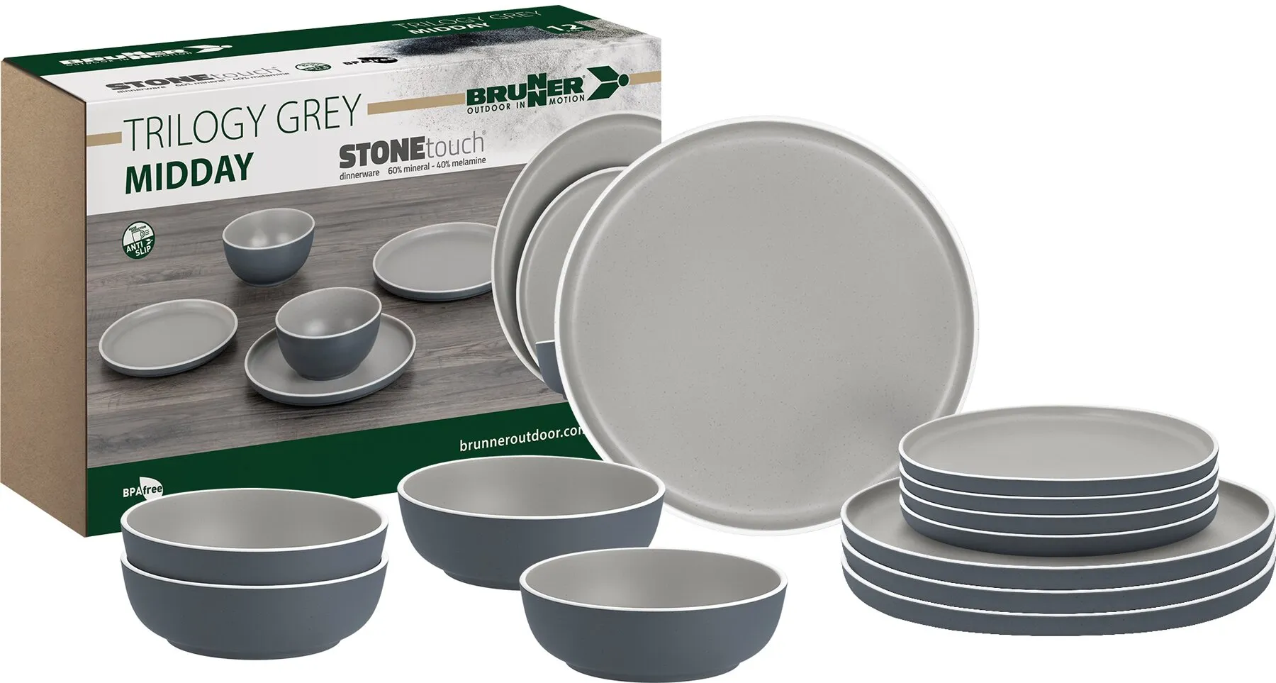Trilogy Grey Midday 12-teiliges Geschirrset mit grauen Tellern, Platten und Schalen, abgebildet neben der Verpackung mit Brunner-Logo