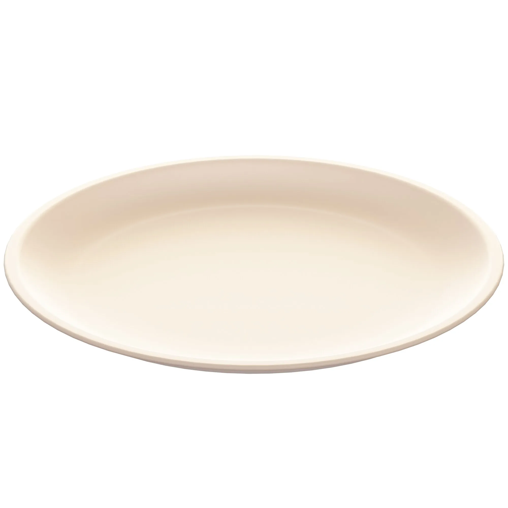Cremeweißer Teller mit rundem, leicht erhöhtem Rand und flacher Innenfläche, in schräger Draufsicht gezeigt, Durchmesser 24 cm